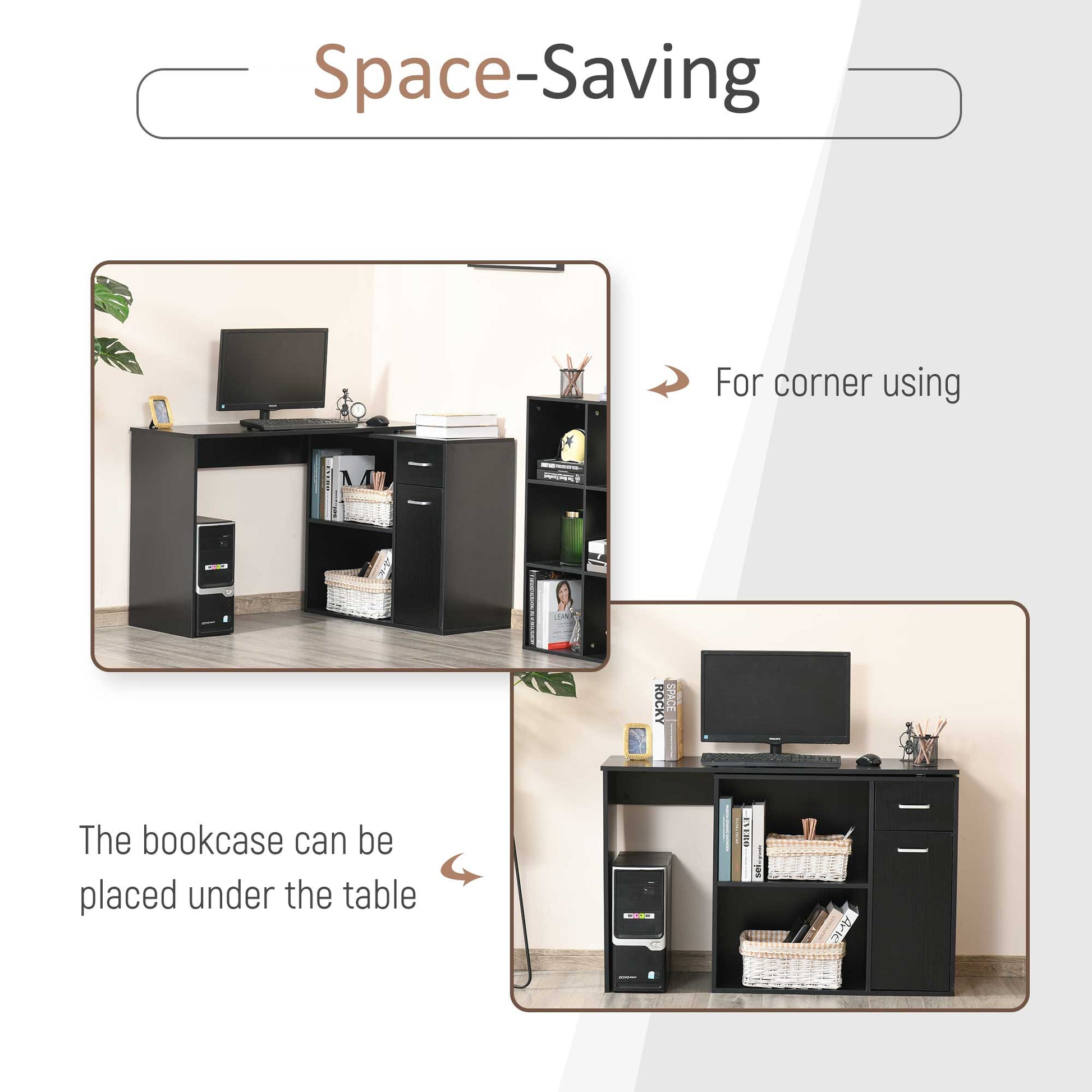 L-Shaped corner computer desk Table Study Table PC Workstation with Storage Shelf Drawer Home Office Black | HOMCOM-2