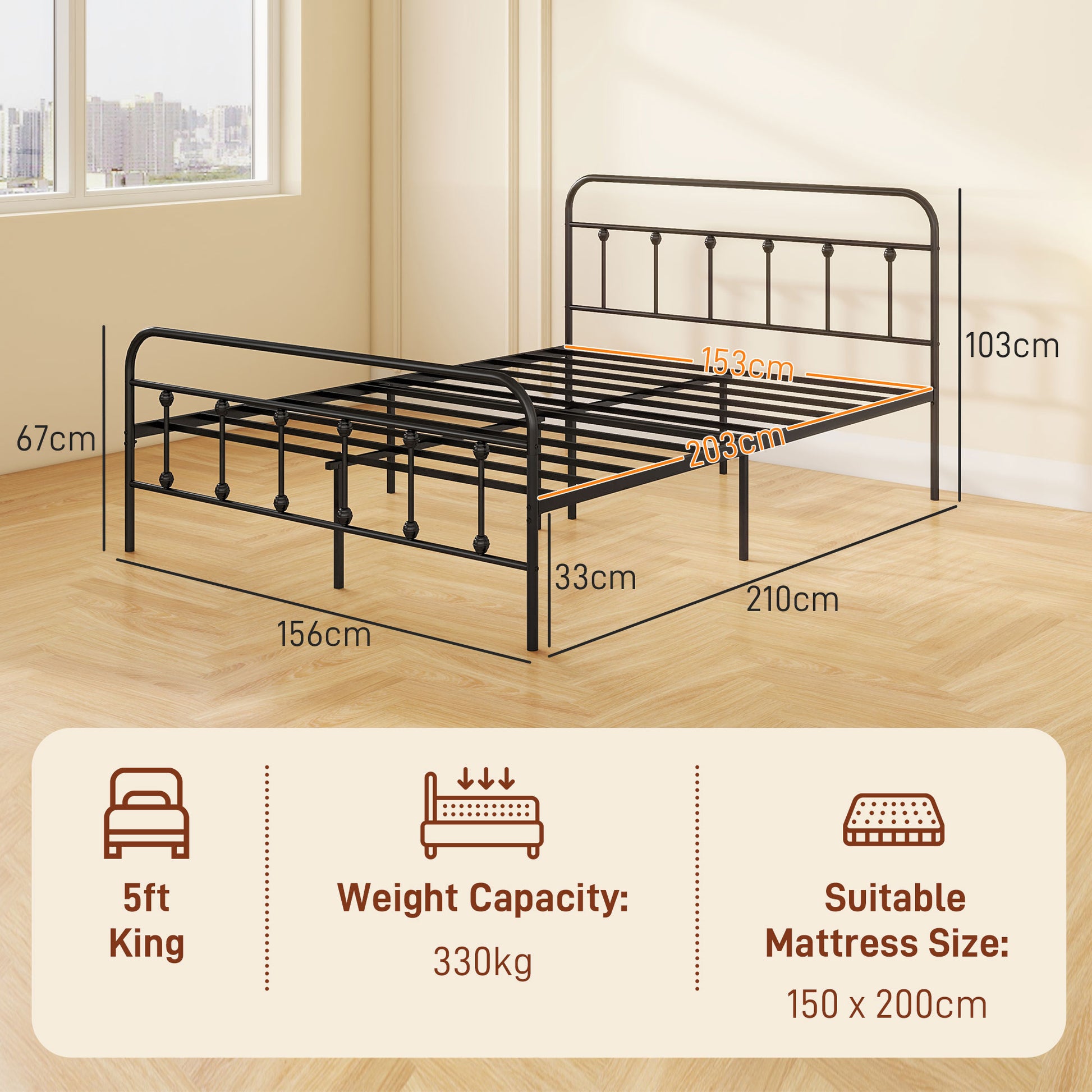 HOMCOM 5ft King Platform Bed Frame with Underbed Storage Tall Headboard Steel Slat, No Box Spring Needed, Easy Assembly in Black-1