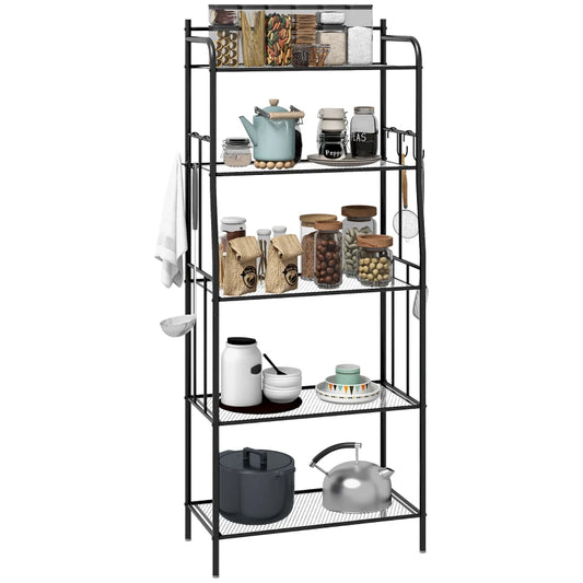 5-Tier Kitchen Storage Unit, Microwave Stand w/ 5 Mesh Open Shelves & 4 Hooks, Modern Coffee Bar Station w/ Steel Frame for Home | HOMCOM-0