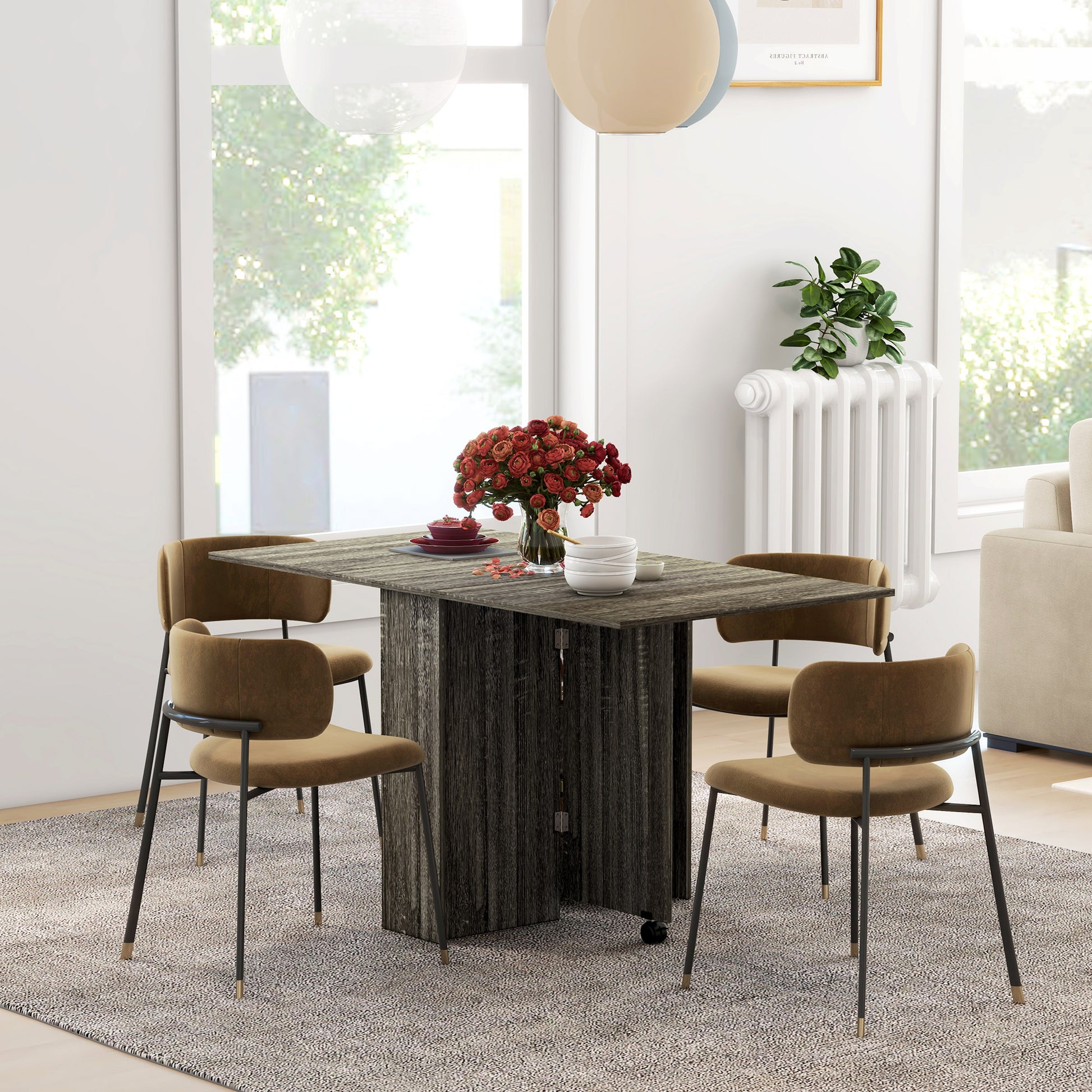 Grey Folding Kitchen Table with 2-tier Shelves, Rolling Casters, Drop Leaf Dining Table for Small Spaces | HOMCOM-8