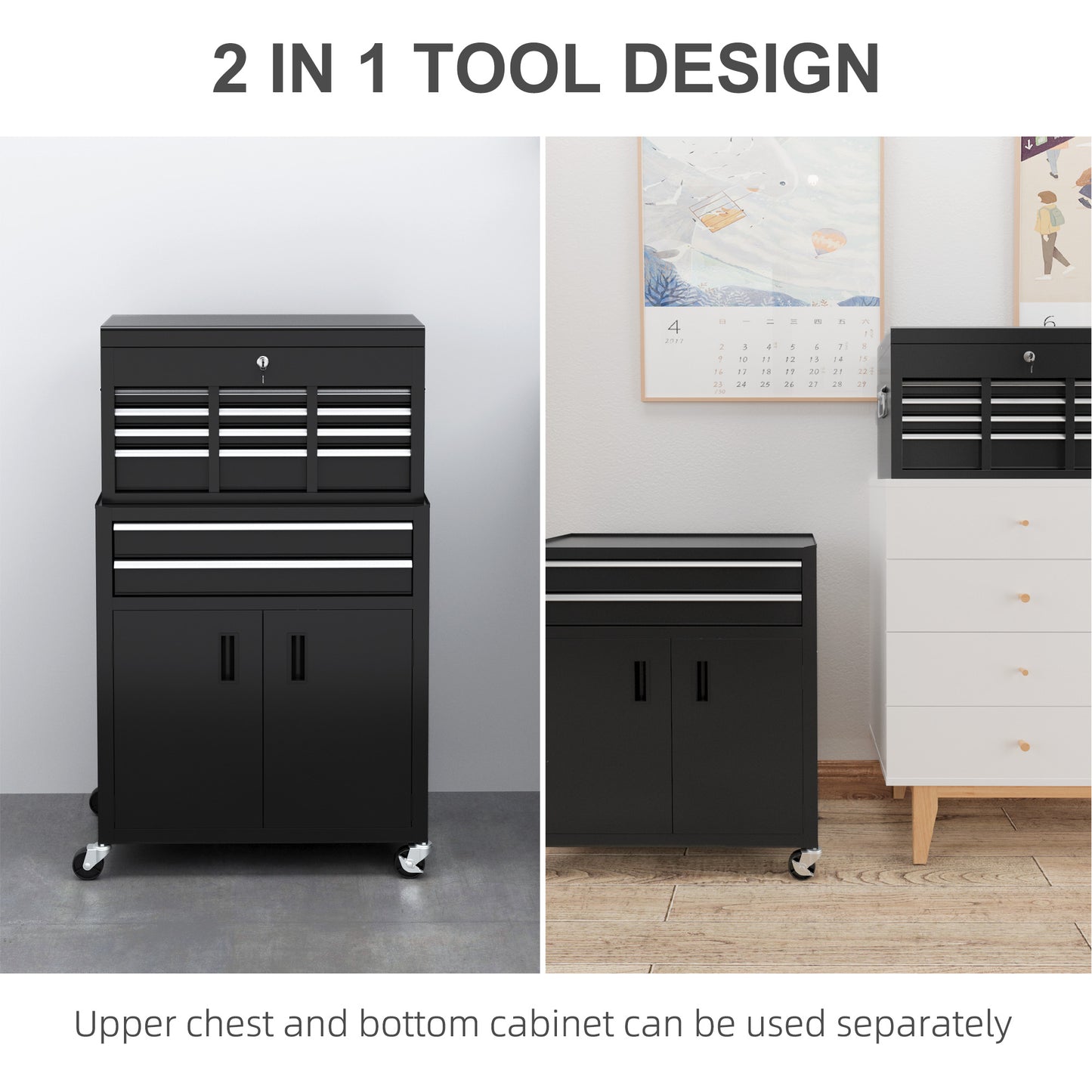 HOMCOM Portable Tool Box, Metal Tool Chest on Wheels with 6 Drawers for Garage and Workshop in Black-2