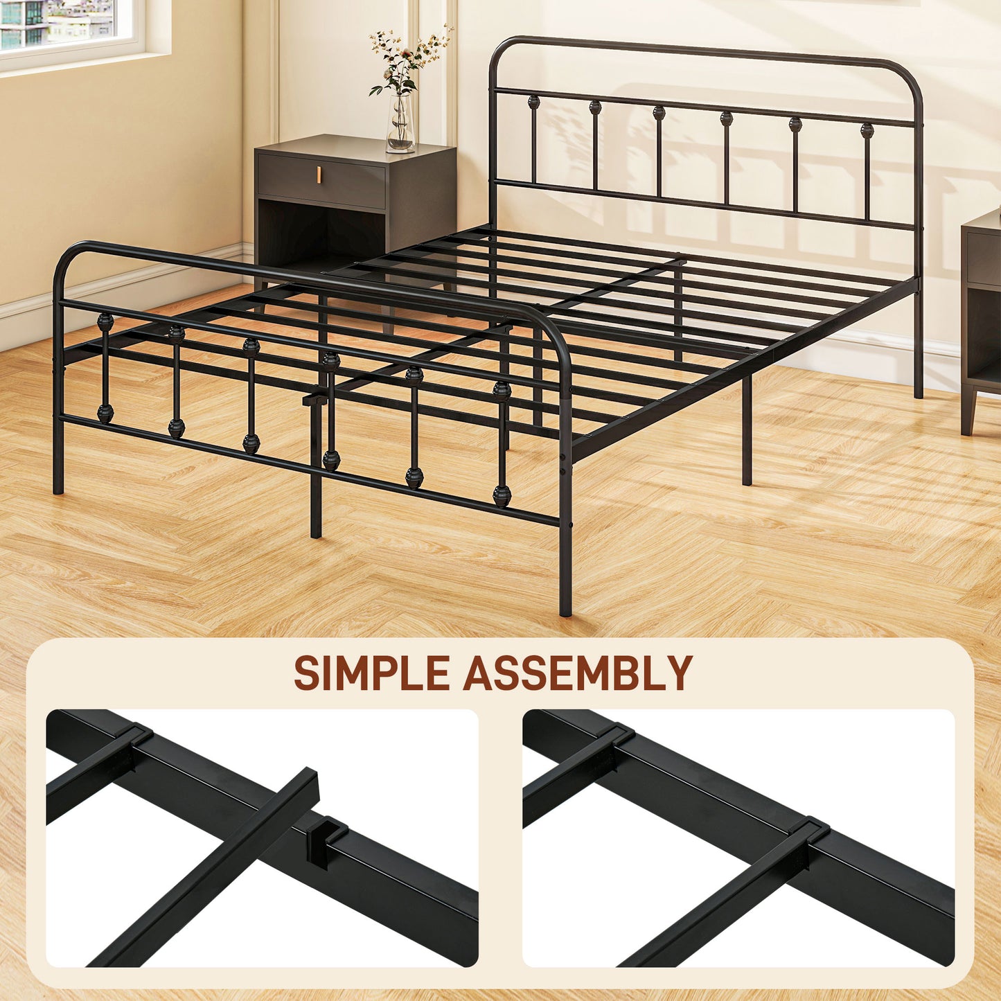 HOMCOM 5ft King Platform Bed Frame with Underbed Storage Tall Headboard Steel Slat, No Box Spring Needed, Easy Assembly in Black-5