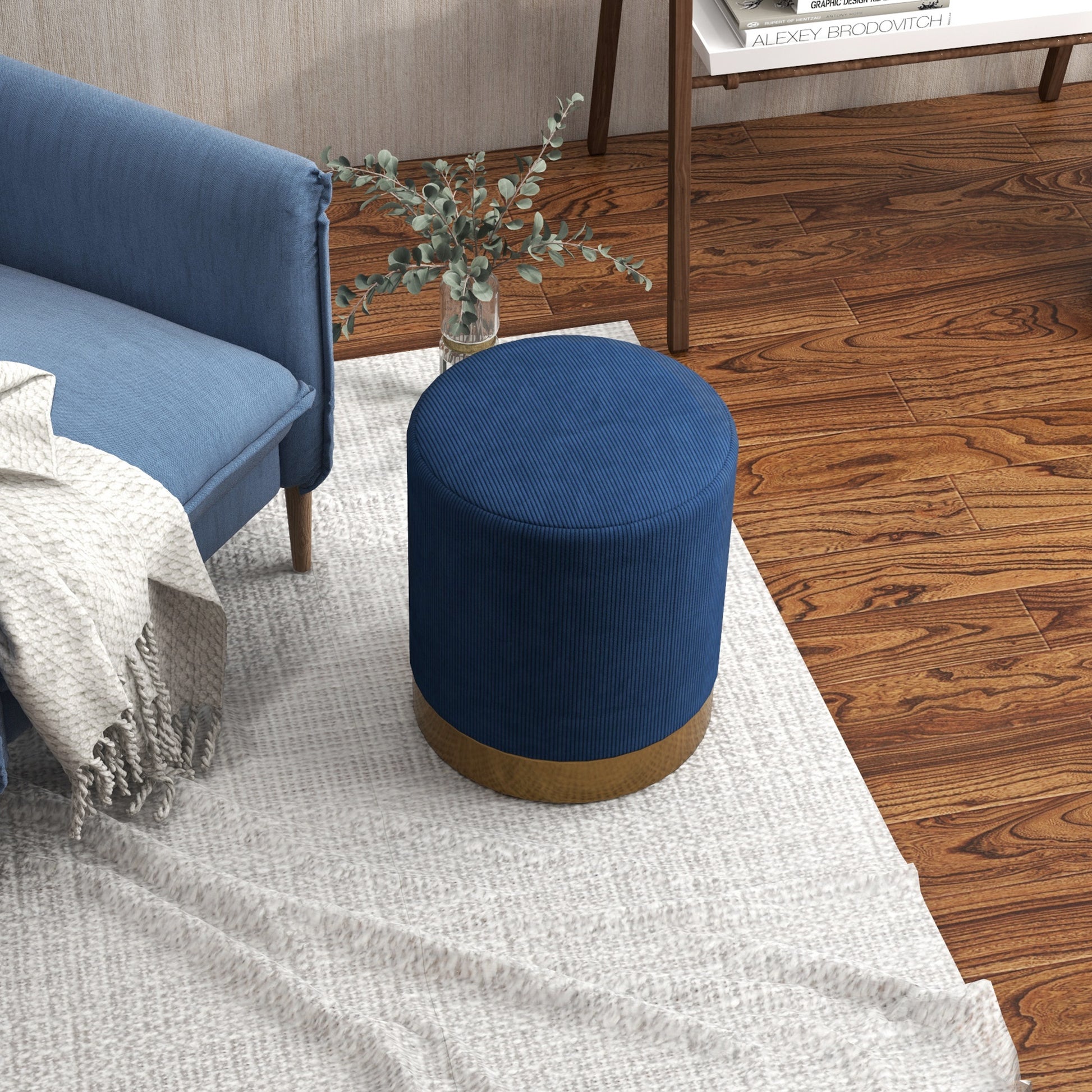 HOMCOM Soft Padded Corduroy Footstool in Dark Blue-4