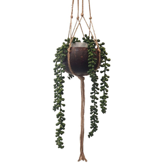 Vie Naturals Coconut Shell Pot Holder with a Sturdy Jute Macrame Style Hanging Rope Brown-0