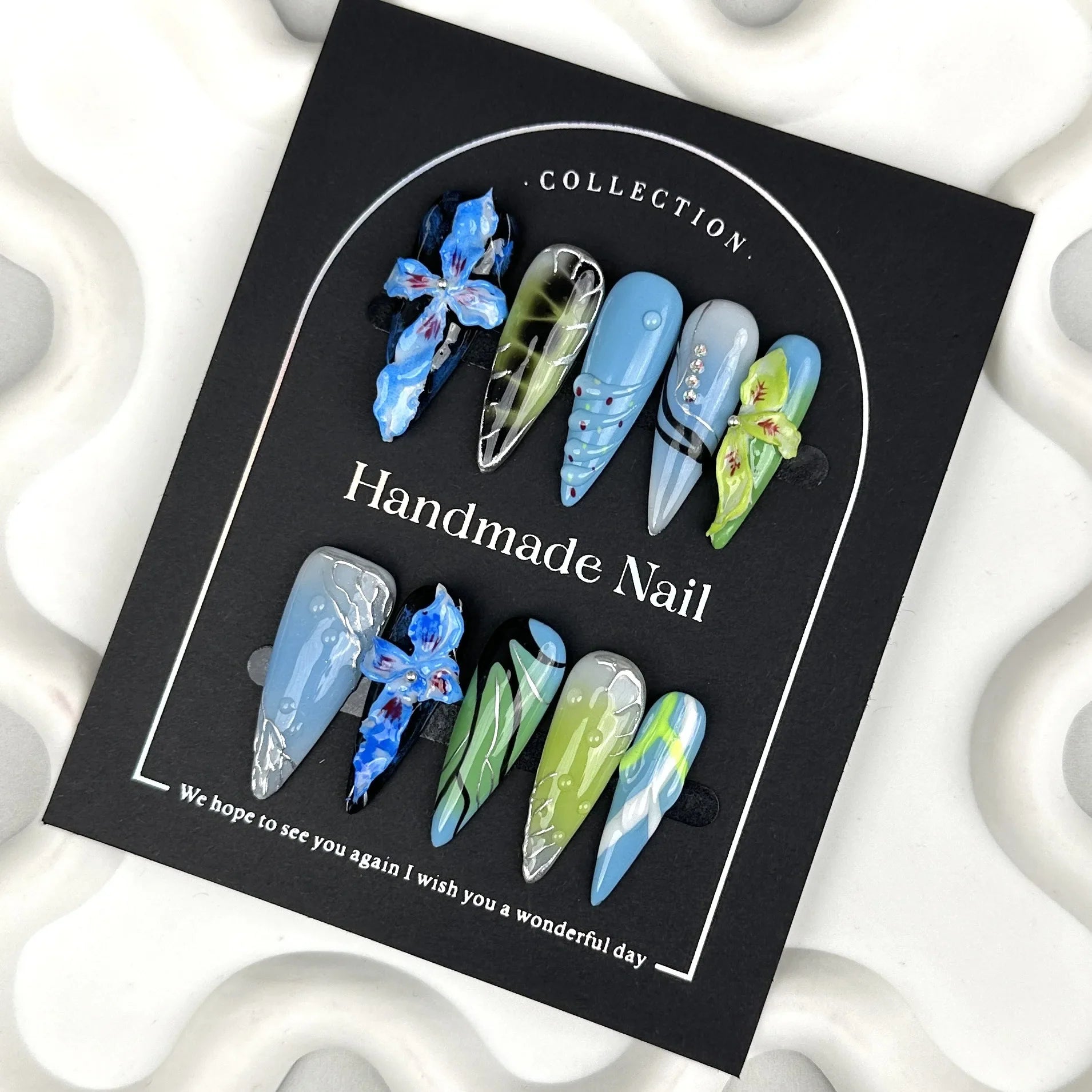 Handmade Blue Green Petals Press On Nails-0