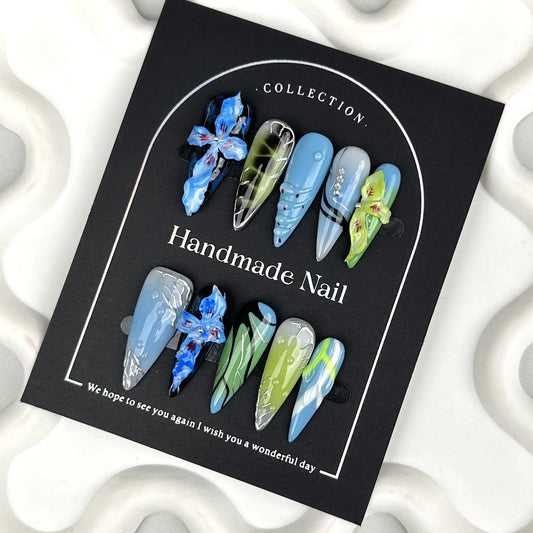 Handmade Blue Green Petals Press On Nails-0