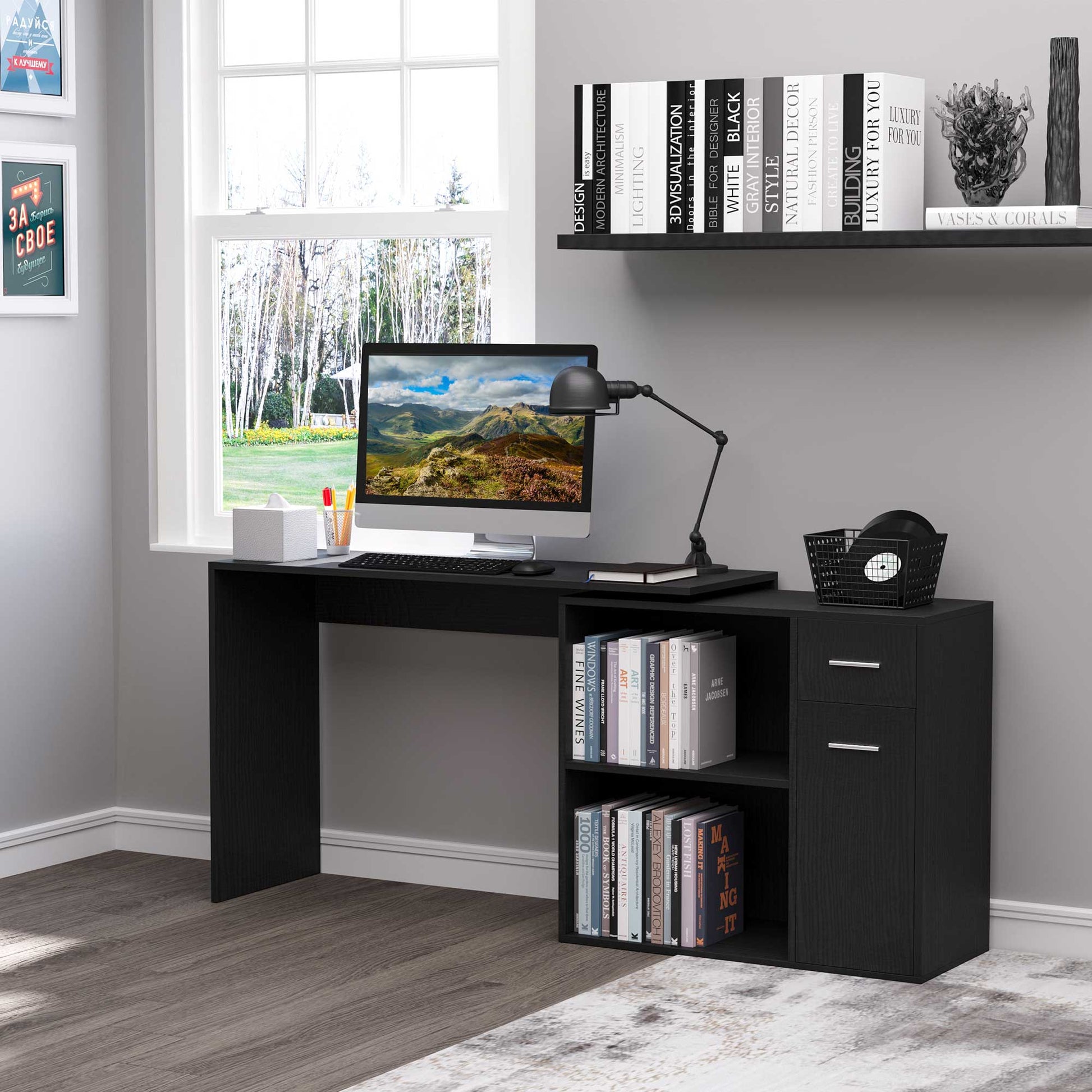 L-Shaped corner computer desk Table Study Table PC Workstation with Storage Shelf Drawer Home Office Black | HOMCOM-6