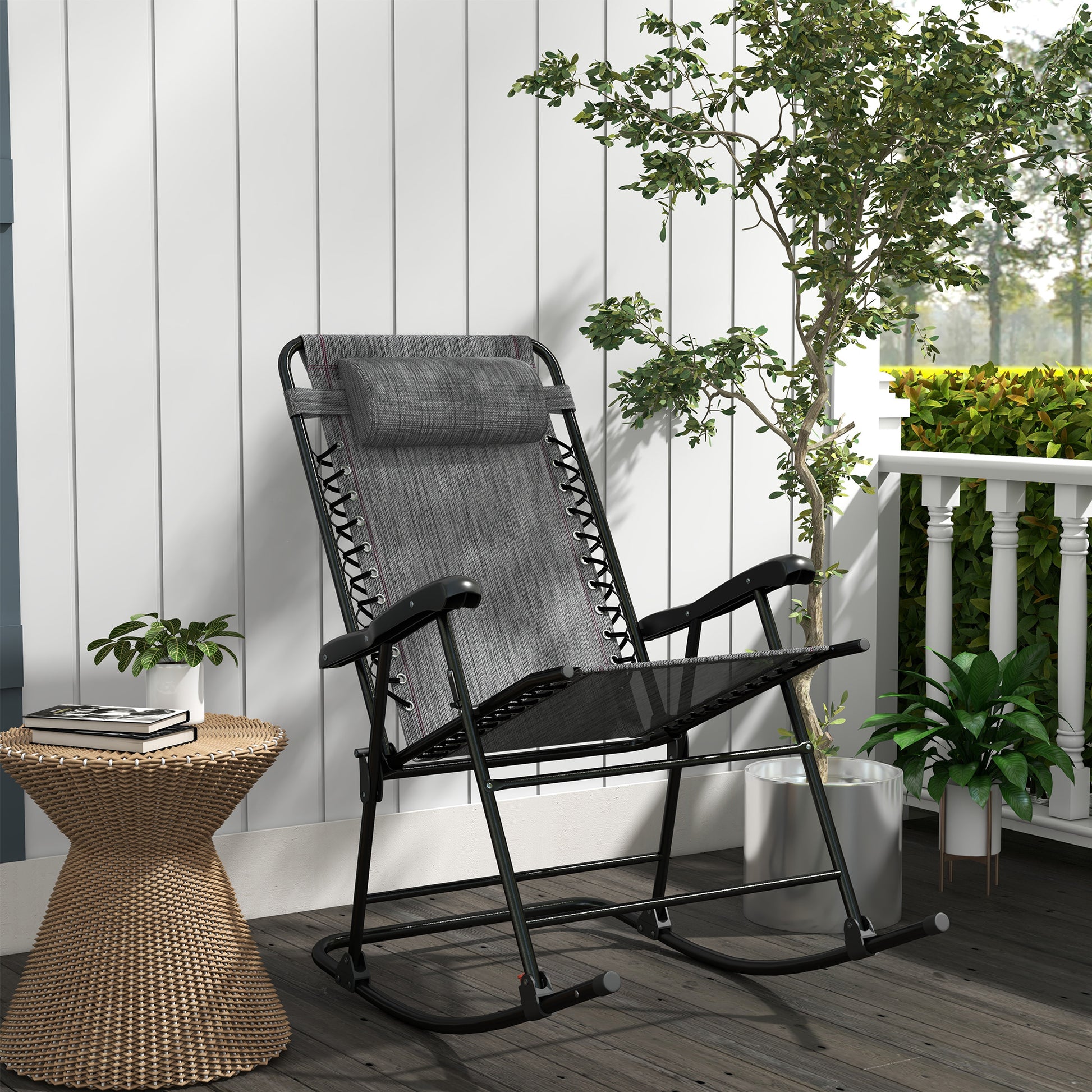 Folding Rocking Chair Outdoor Portable Zero Gravity Chair with Headrest in Grey | Outsunny-8