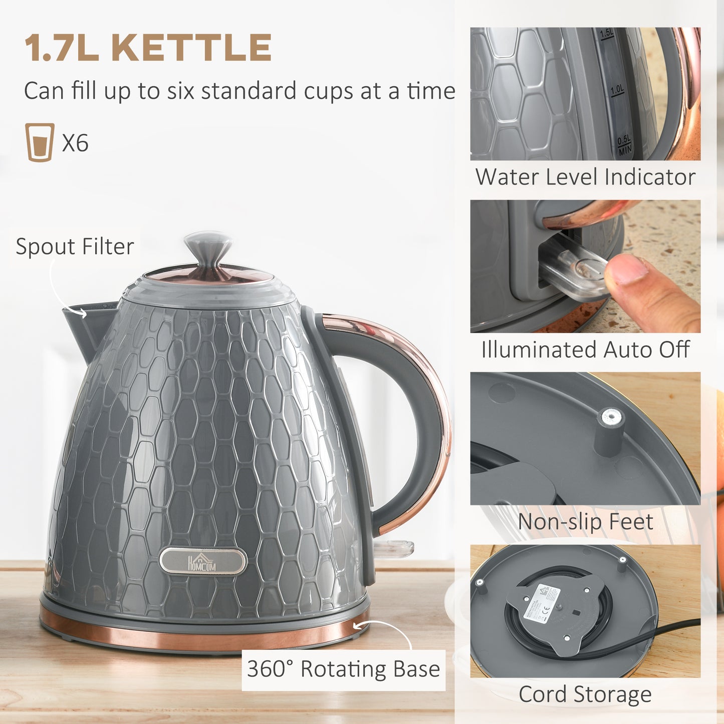 HOMCOM 1.7L 3000W Fast Boil Kettle & 2 Slice Toaster Set, Kettle and Toaster Set with Auto Shut Off, Browning Controls, Grey-2