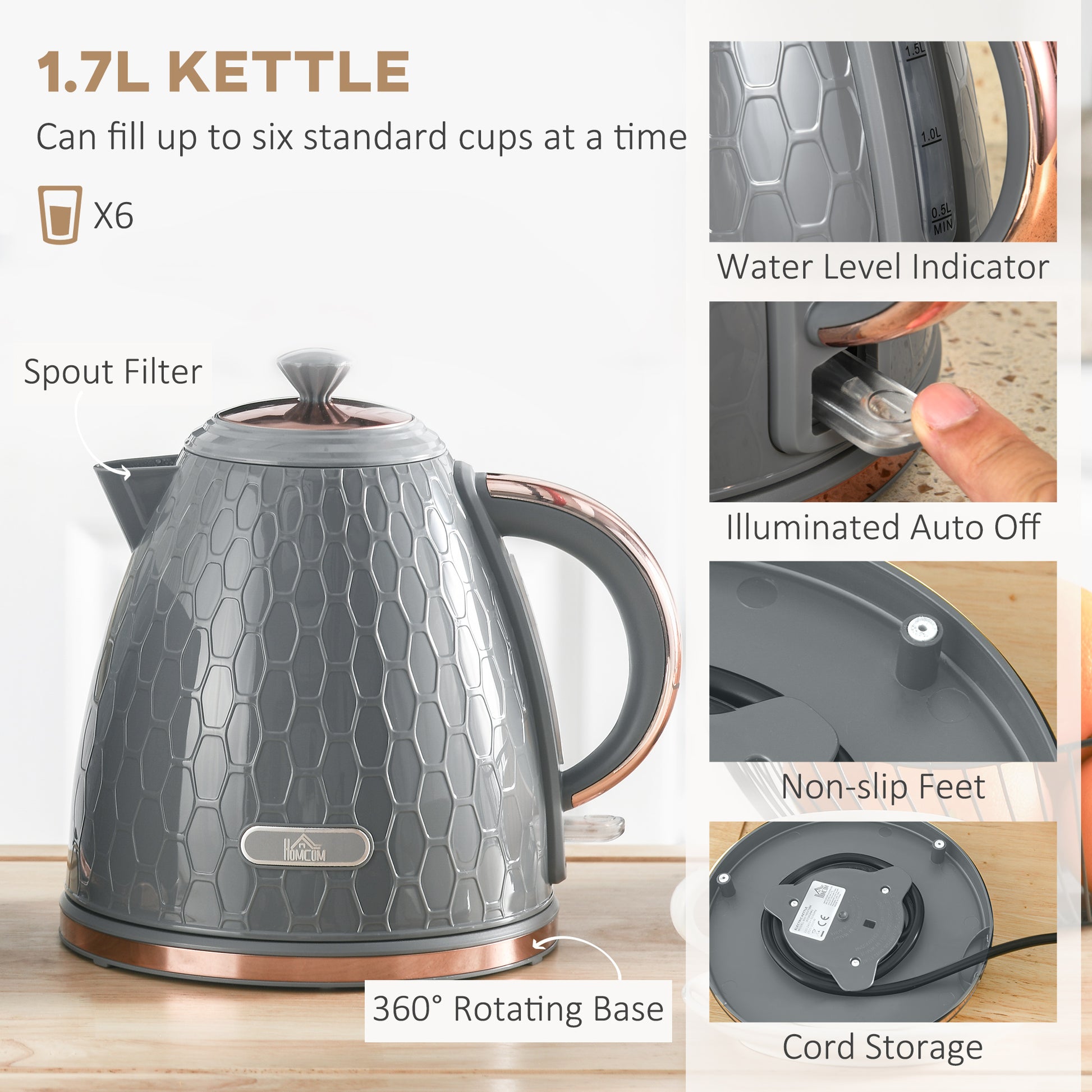 HOMCOM 1.7L 3000W Fast Boil Kettle & 2 Slice Toaster Set, Kettle and Toaster Set with Auto Shut Off, Browning Controls, Grey-2