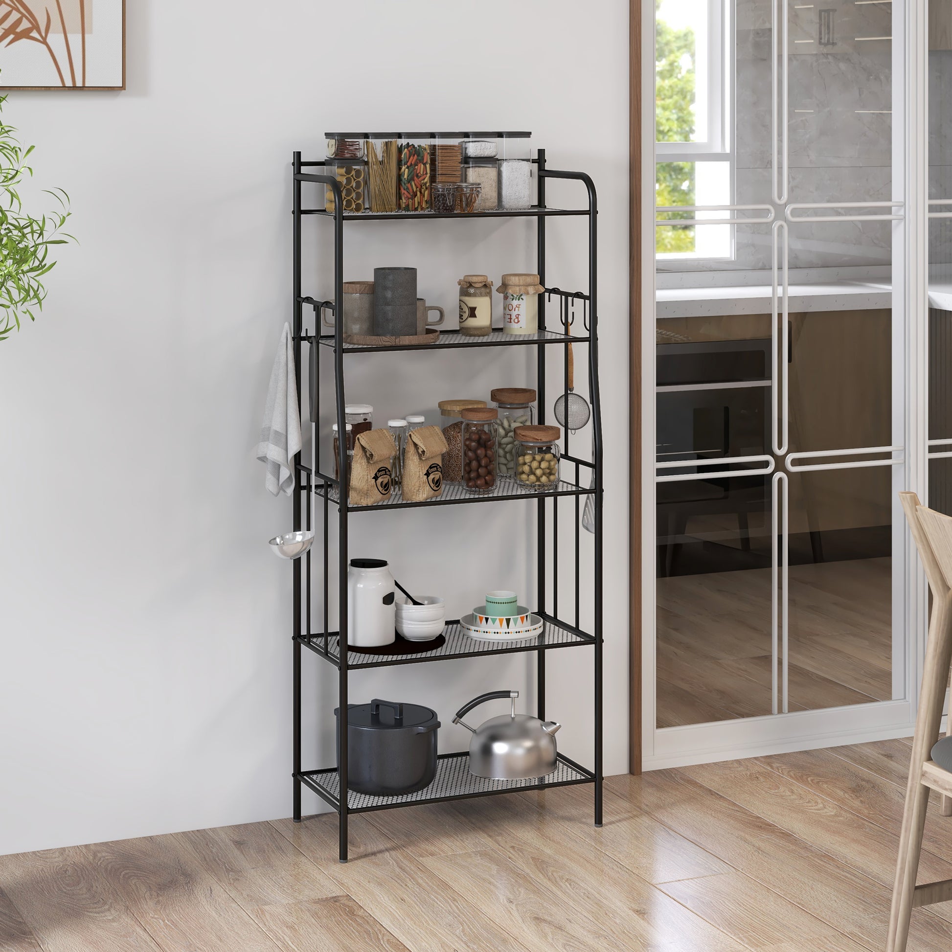 5-Tier Kitchen Storage Unit, Microwave Stand w/ 5 Mesh Open Shelves & 4 Hooks, Modern Coffee Bar Station w/ Steel Frame for Home | HOMCOM-8