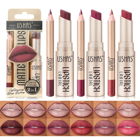 USHAS 12 Color Lip Liner Plus Lipstick Set Long Lasting Matte-0