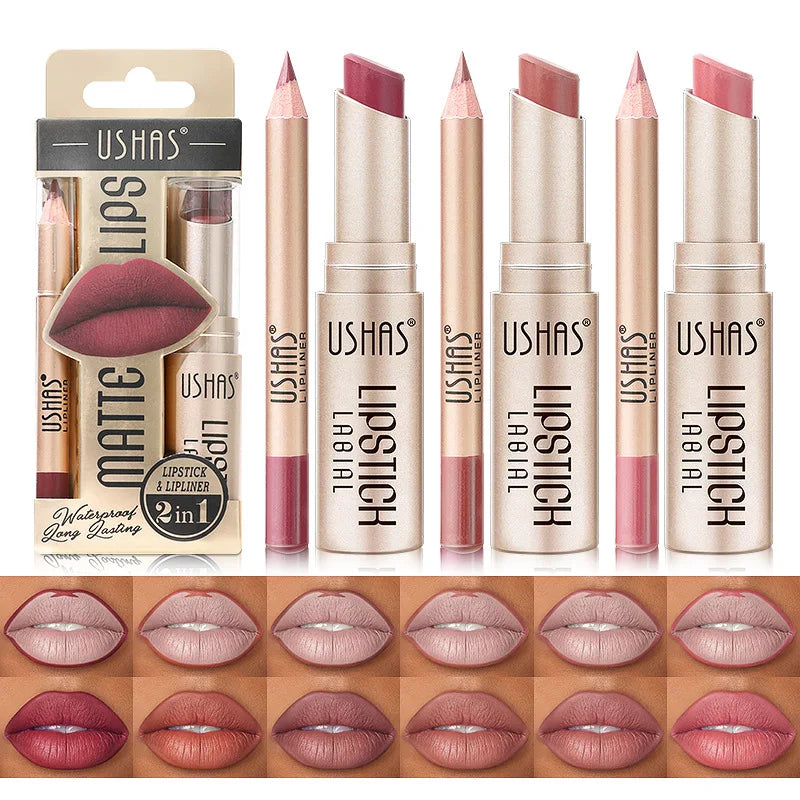 USHAS 12 Color Lip Liner Plus Lipstick Set Long Lasting Matte-1