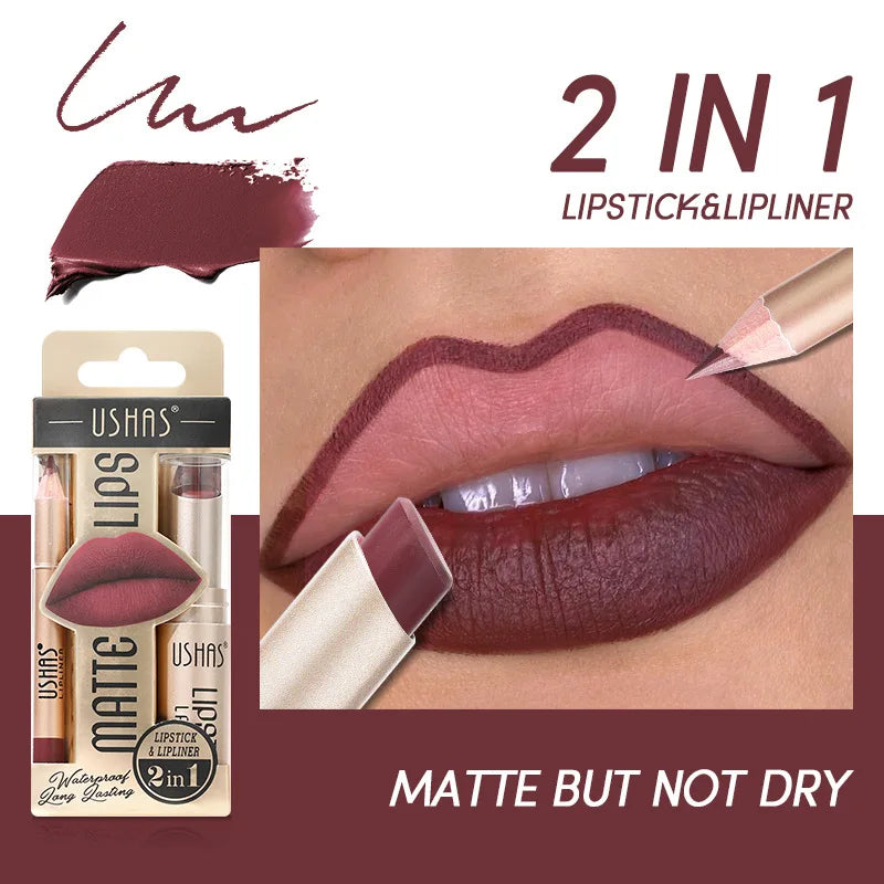 USHAS 12 Color Lip Liner Plus Lipstick Set Long Lasting Matte-2