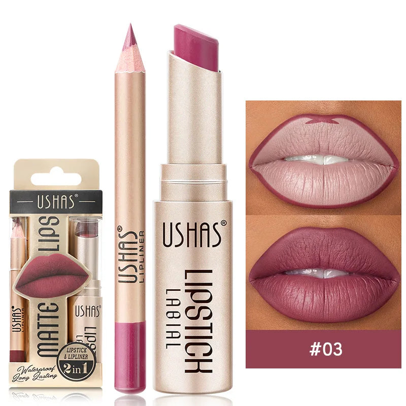 USHAS 12 Color Lip Liner Plus Lipstick Set Long Lasting Matte-8
