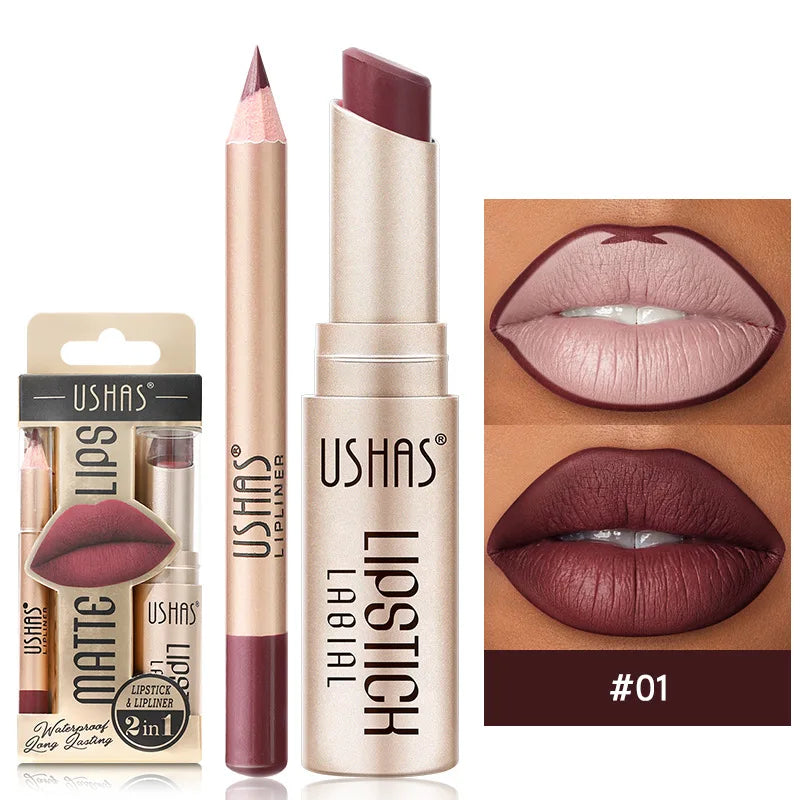 USHAS 12 Color Lip Liner Plus Lipstick Set Long Lasting Matte-10