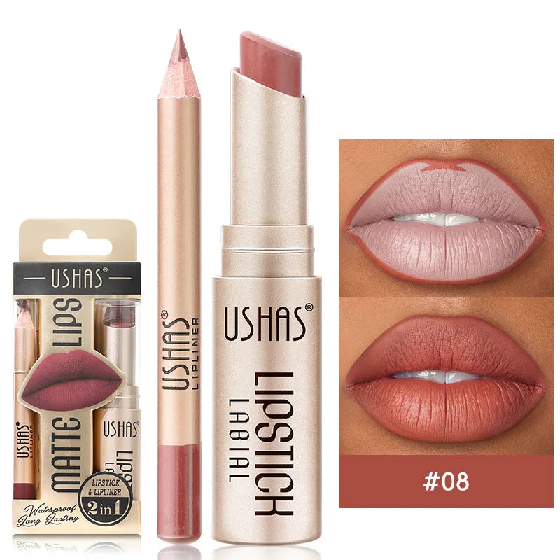 USHAS 12 Color Lip Liner Plus Lipstick Set Long Lasting Matte-14
