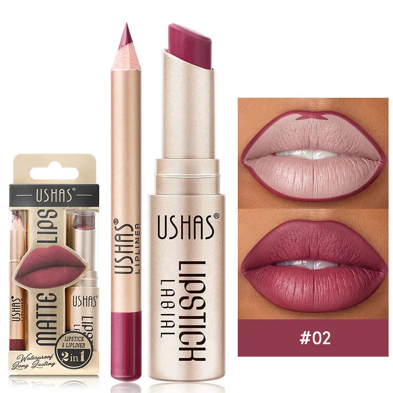 USHAS 12 Color Lip Liner Plus Lipstick Set Long Lasting Matte-12