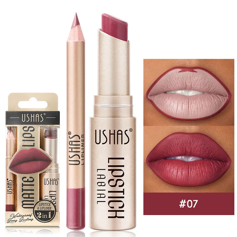 USHAS 12 Color Lip Liner Plus Lipstick Set Long Lasting Matte-13