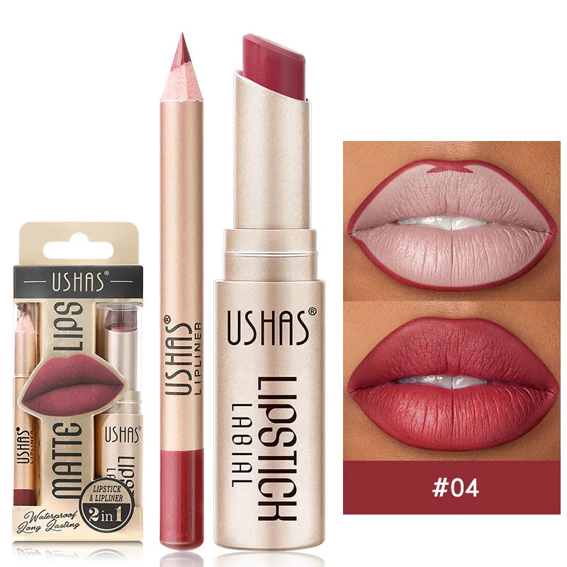 USHAS 12 Color Lip Liner Plus Lipstick Set Long Lasting Matte-5