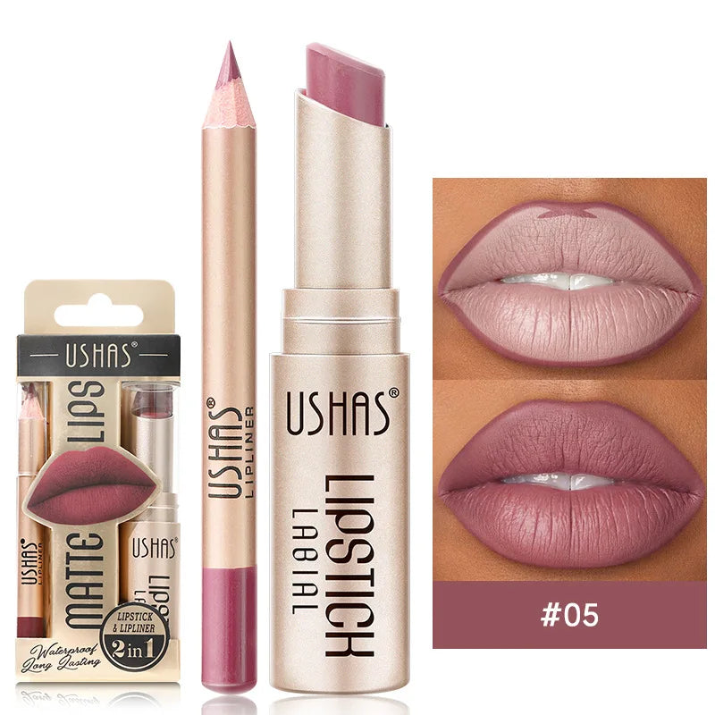 USHAS 12 Color Lip Liner Plus Lipstick Set Long Lasting Matte-6