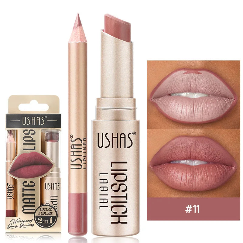 USHAS 12 Color Lip Liner Plus Lipstick Set Long Lasting Matte-7