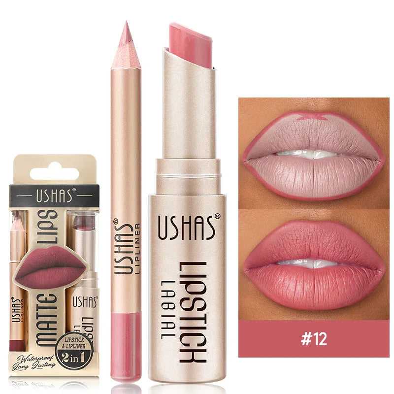 USHAS 12 Color Lip Liner Plus Lipstick Set Long Lasting Matte-9
