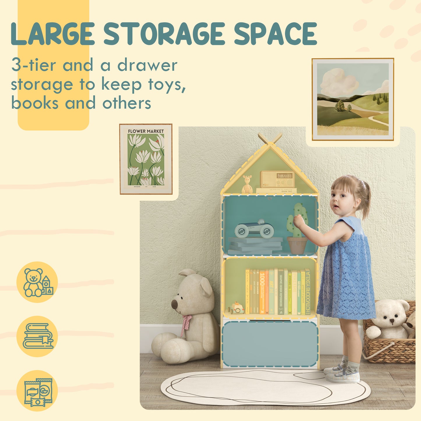 Kids Bookshelf with 3 Shelves, Drawer, Anti-tip Device, Anti-Slip Foot Cover, for Kids Room, Green | AIYAPLAY-2