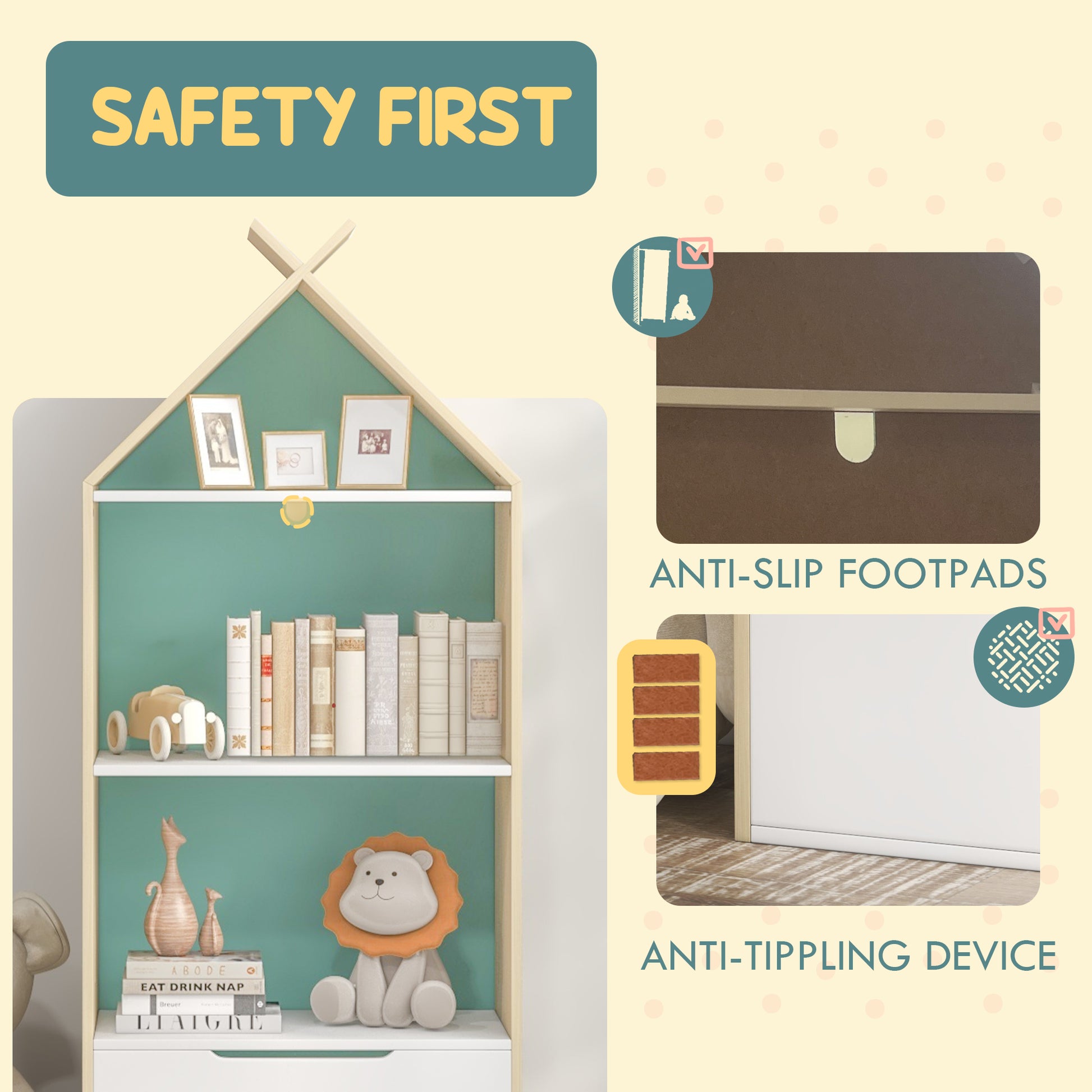 Kids Bookshelf with 3 Shelves, Drawer, Anti-tip Device, Anti-Slip Foot Cover, for Kids Room, Green | AIYAPLAY-4