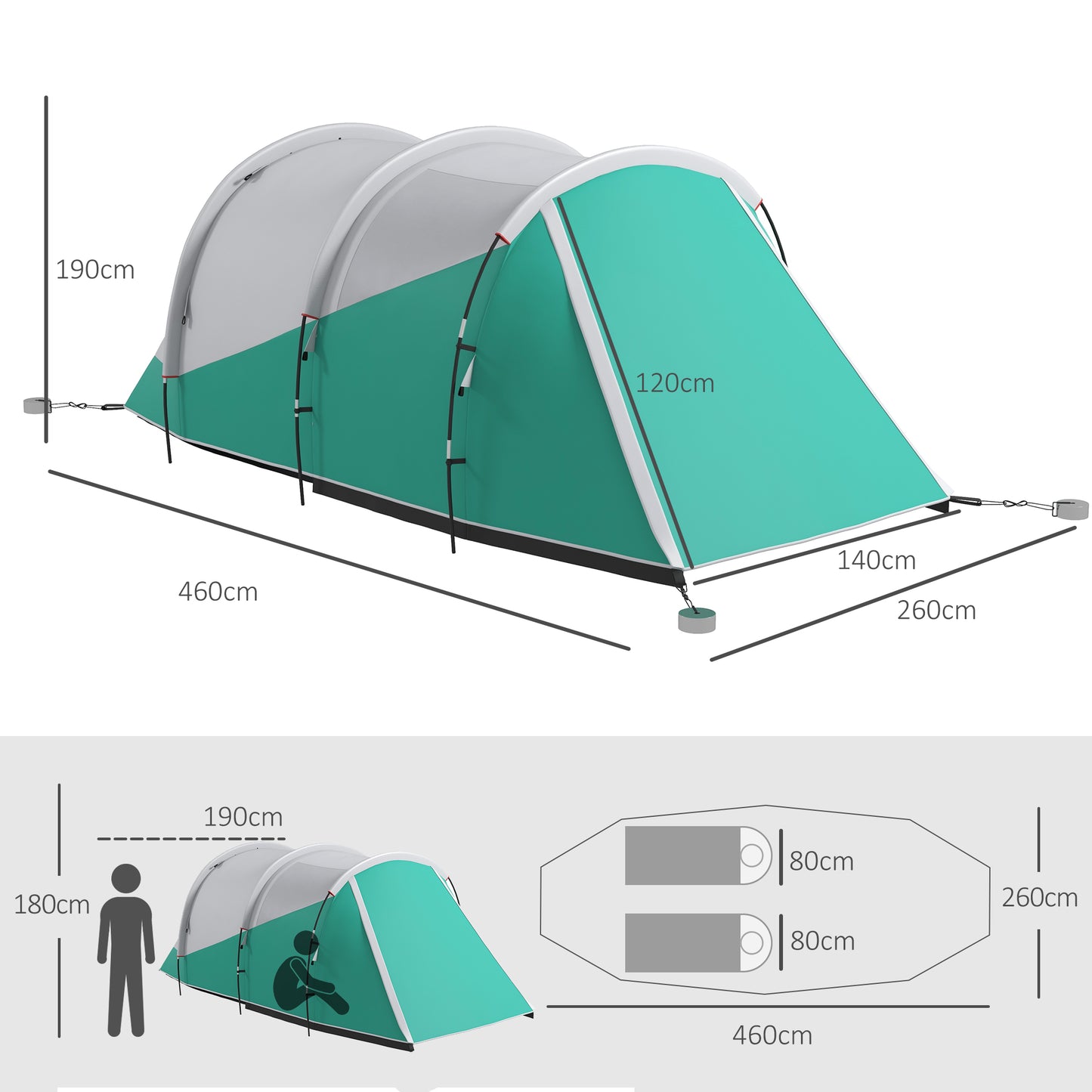 Outsunny 2 Room Camping Tent for 4-5 Man, 3000mm Waterproof Family Tent with Carry Bag, for Fishing Hiking Festival, Green-1