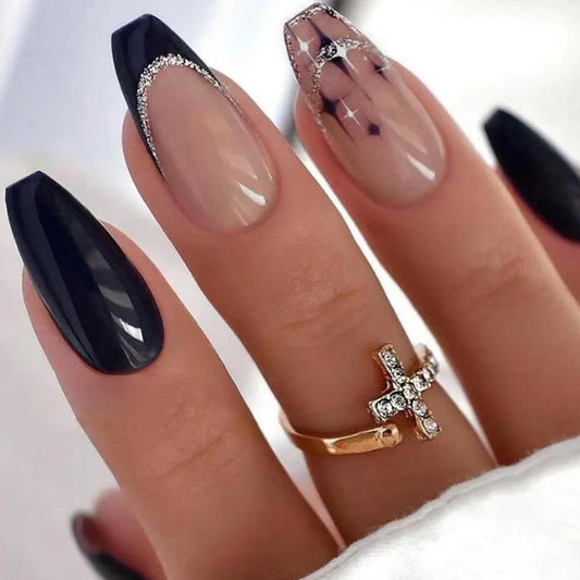 Women Girls 24Pcs/Set Short Coffin Shaped Glitter & Star Nails-0