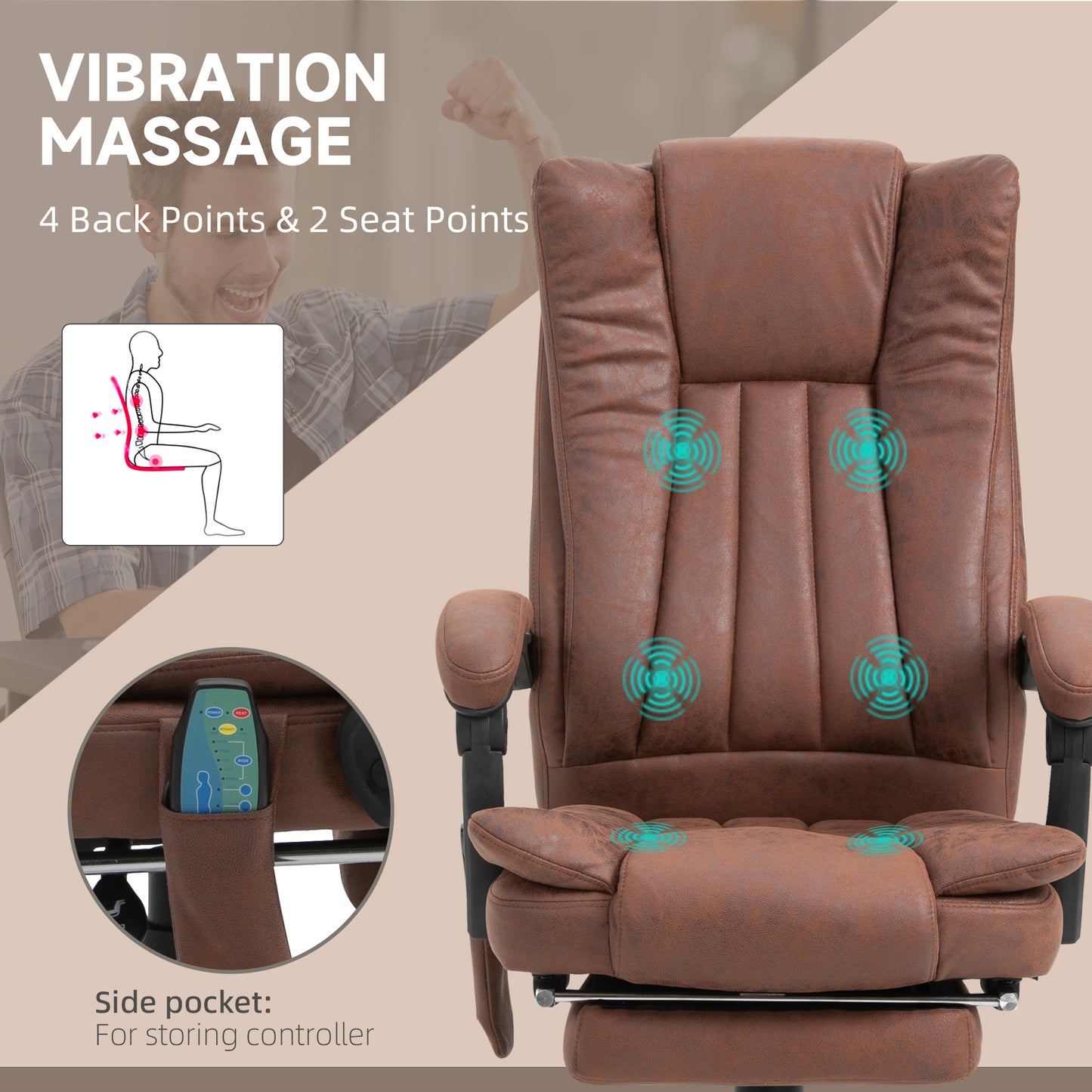 High Back Vibration Massage Office Chair, Executive Office Chair, Heated Reclining Leathaire Fabric Chair w/ Footrest, Brown | Vinsetto-4