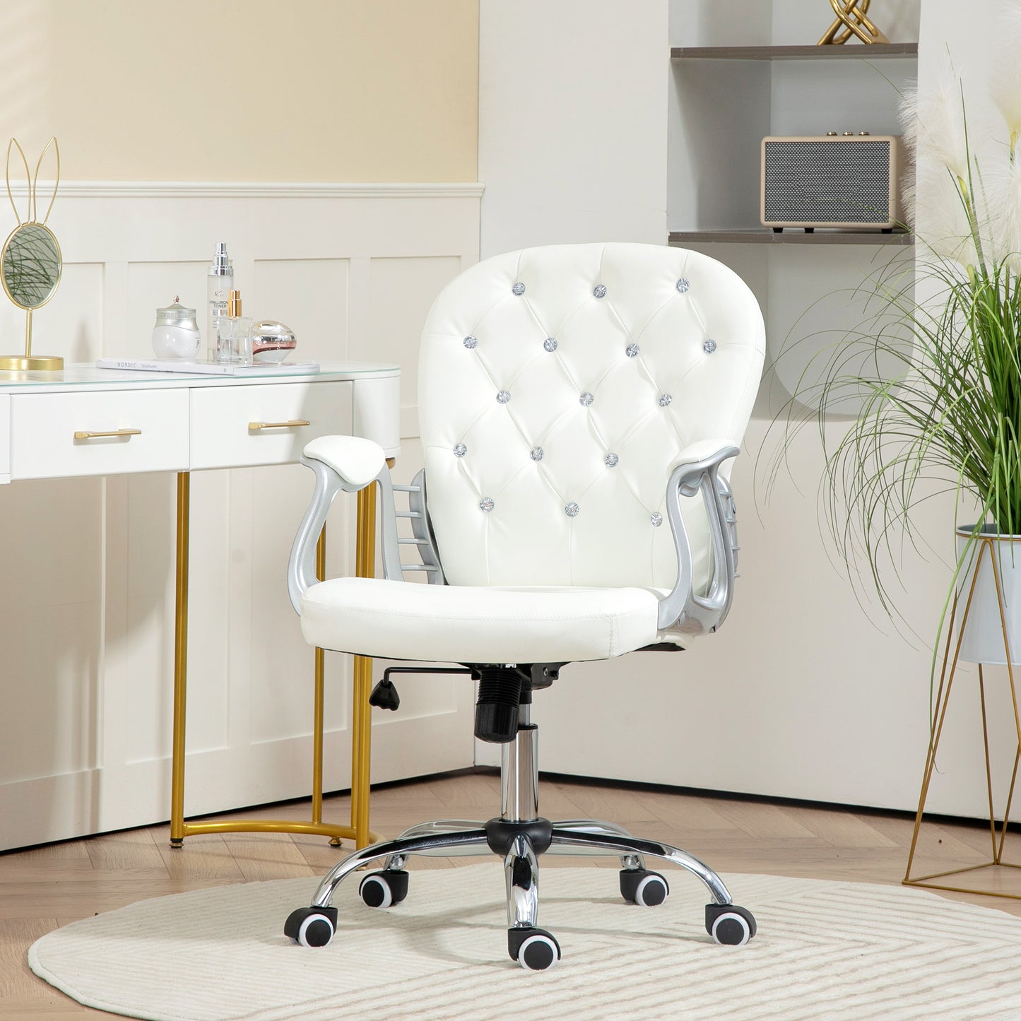Home or Office Chair with 360° Swivel, PU Diamante Padded, Base 5 Castor Wheels, Ergonomic Desk Chair in White by Vinsetto-8