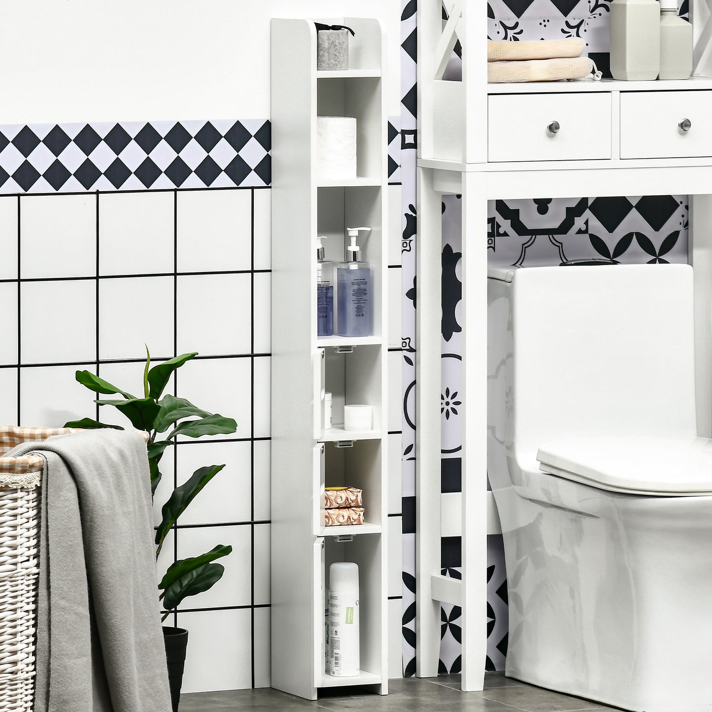 kleankin Modern Bathroom Storage Cabinet, Freestanding Tall Bathroom Cabinet with Open Shelves and 3 Cupboards with Door, for Bedroom Hallway in White-5