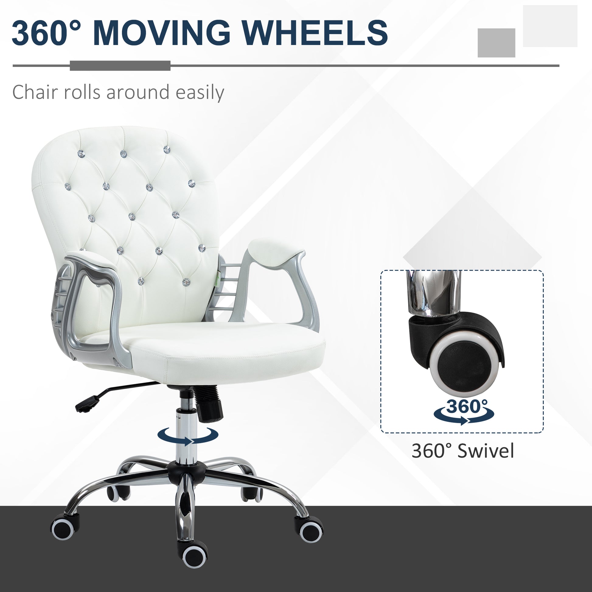 Home or Office Chair with 360° Swivel, PU Diamante Padded, Base 5 Castor Wheels, Ergonomic Desk Chair in White by Vinsetto-4