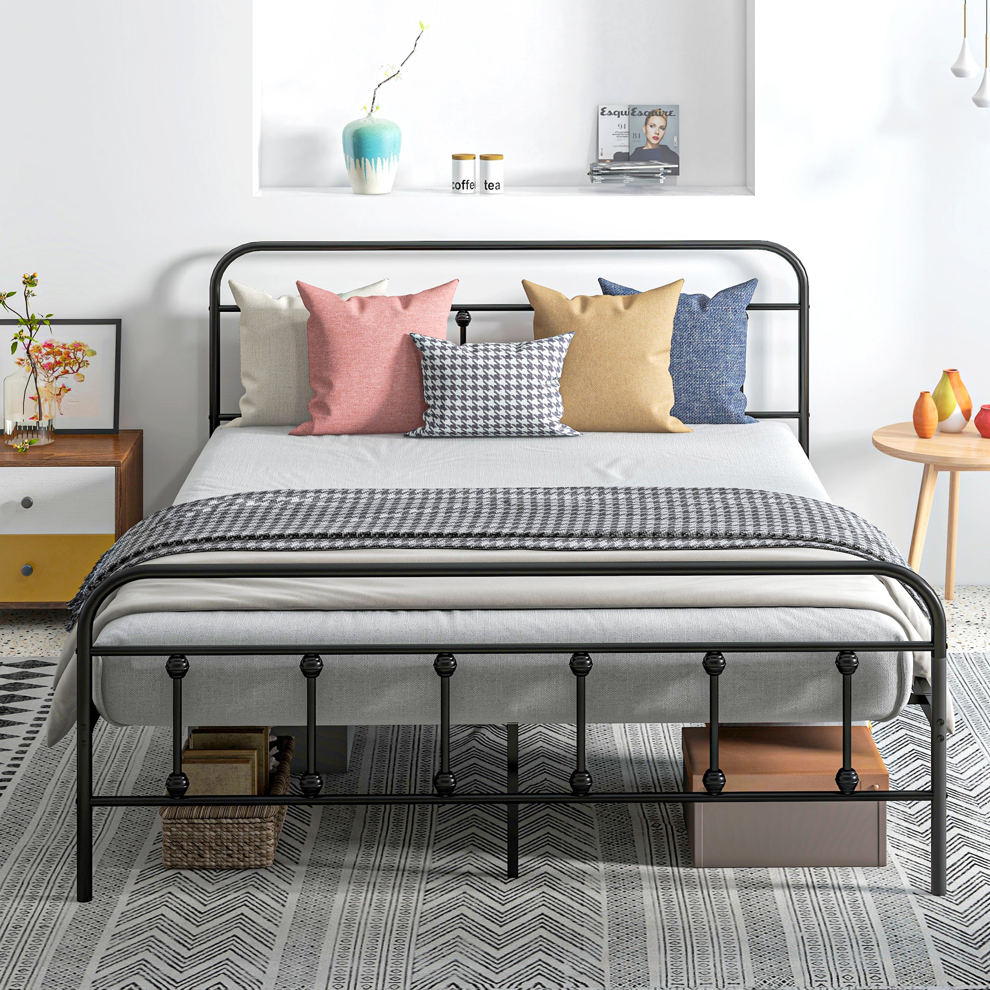 HOMCOM 5ft King Platform Bed Frame with Underbed Storage Tall Headboard Steel Slat, No Box Spring Needed, Easy Assembly in Black-8