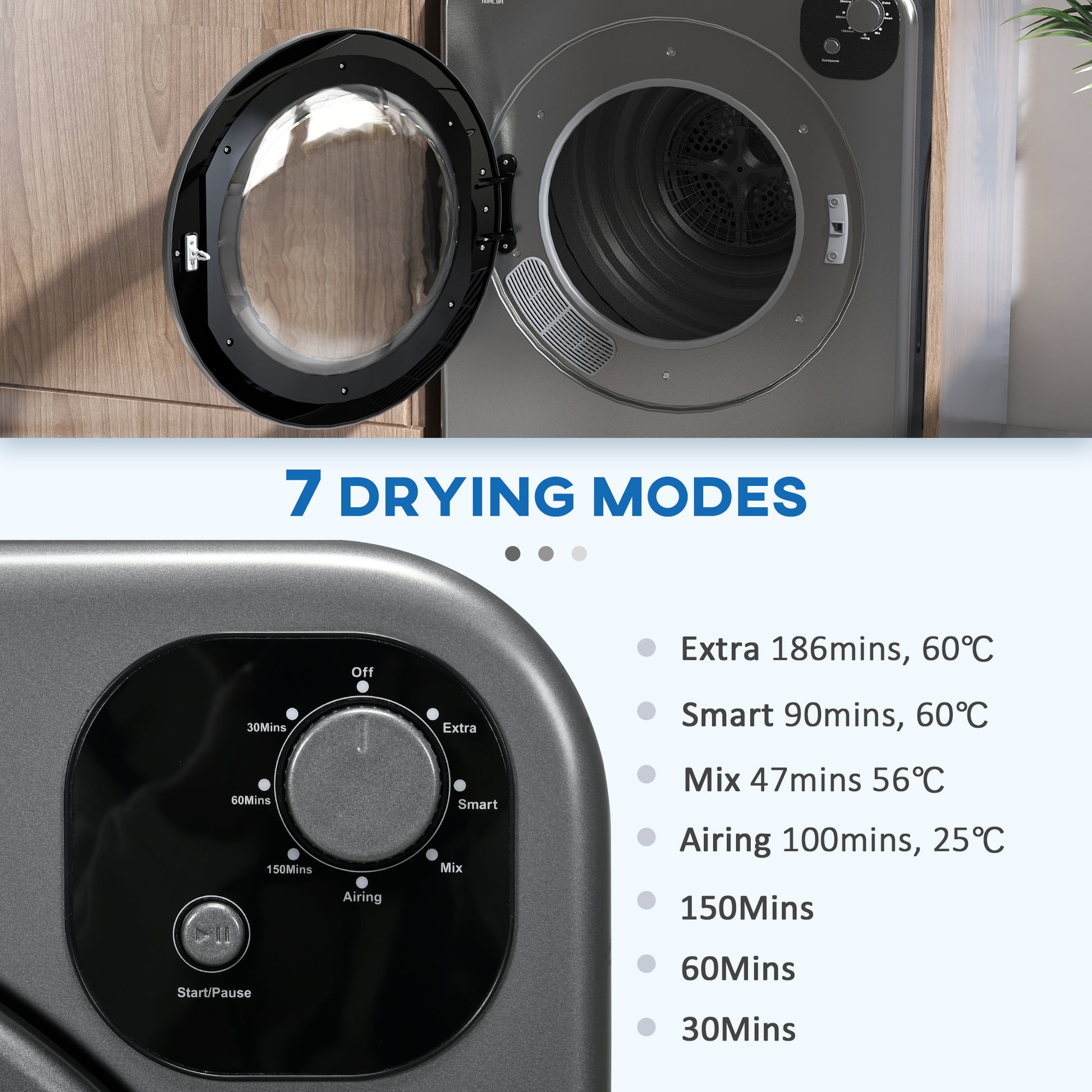 HOMCOM 6kg Vented Tumble Dryer, Freestanding, Wall Mounted, Stackable, Portable Dryer with 7 Programmers, Grey-2