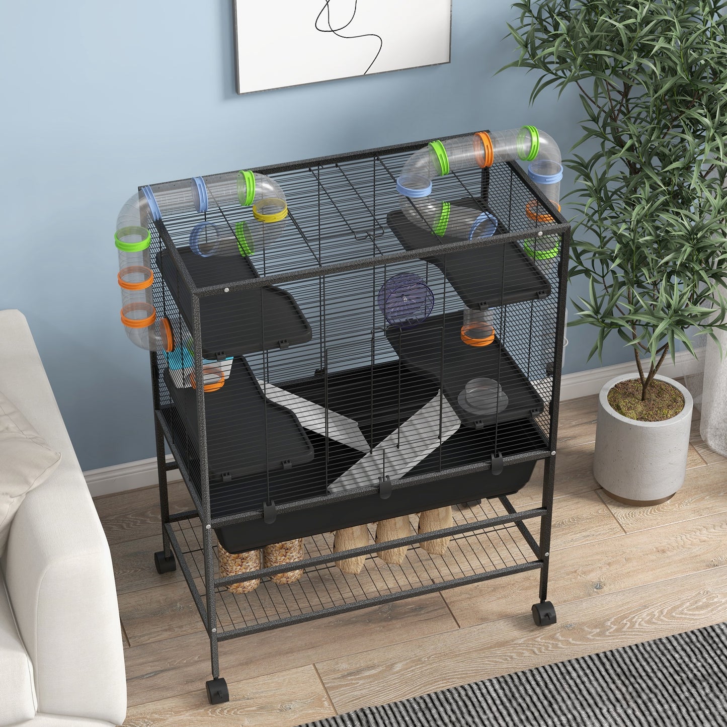 Large Hamster Cage Gerbil Cage with Tubes, Storage Shelf, Ramps, Platforms, Running Wheel - Black by PawHut-7