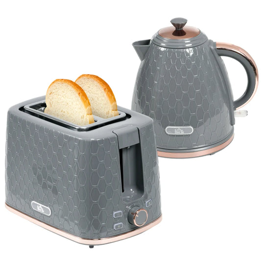HOMCOM 1.7L 3000W Fast Boil Kettle & 2 Slice Toaster Set, Kettle and Toaster Set with Auto Shut Off, Browning Controls, Grey-0