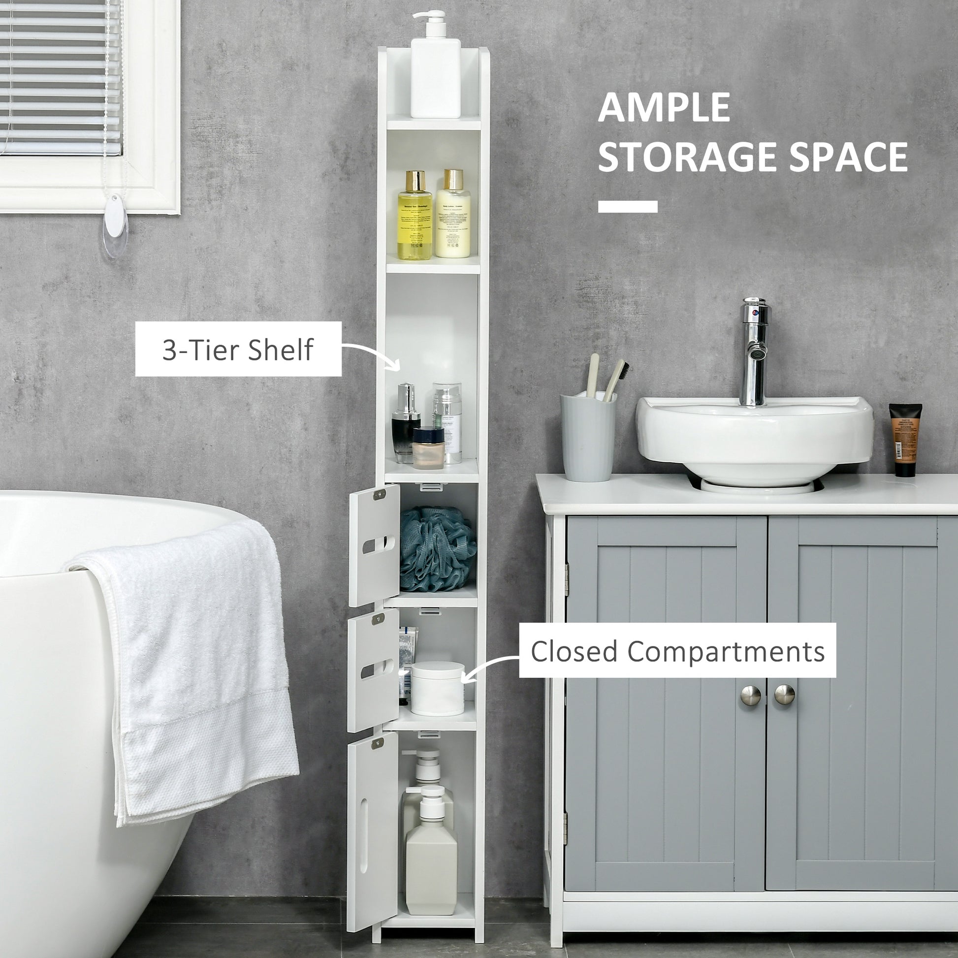 kleankin Modern Bathroom Storage Cabinet, Freestanding Tall Bathroom Cabinet with Open Shelves and 3 Cupboards with Door, for Bedroom Hallway in White-2