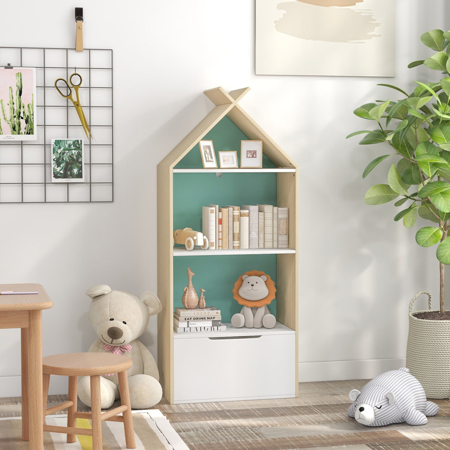 Kids Bookshelf with 3 Shelves, Drawer, Anti-tip Device, Anti-Slip Foot Cover, for Kids Room, Green | AIYAPLAY-8
