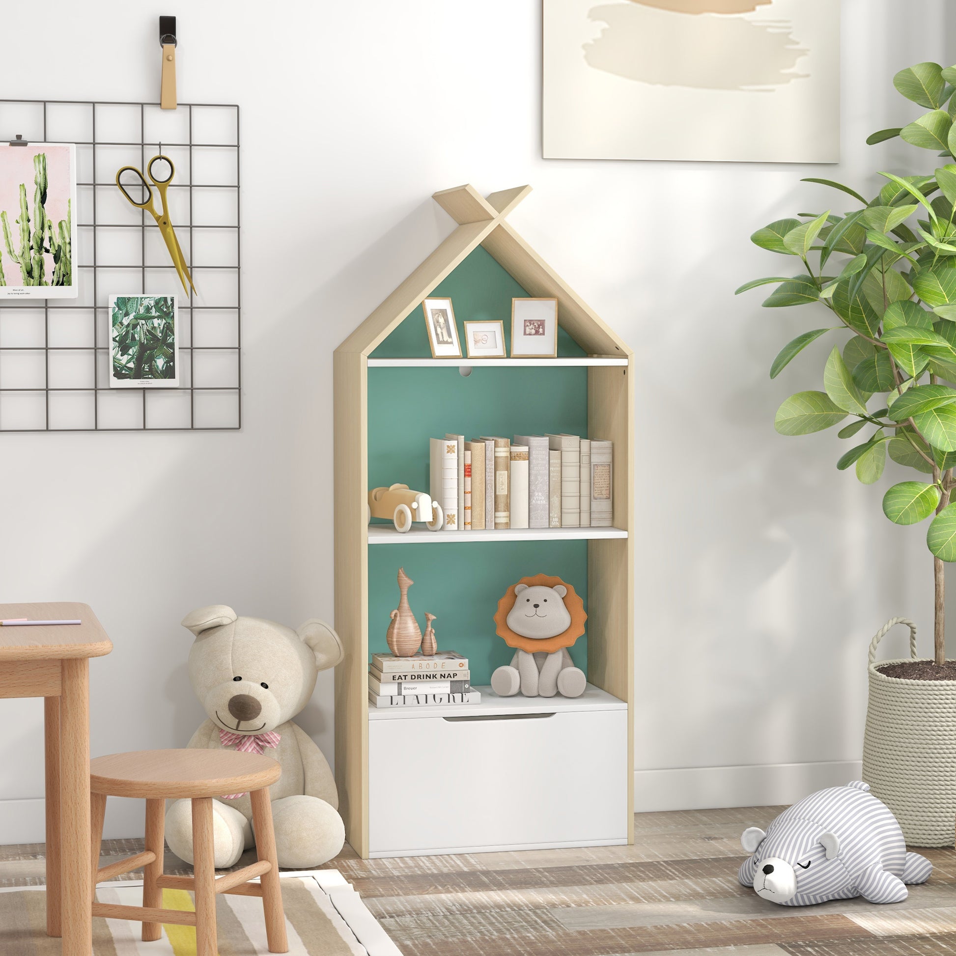 Kids Bookshelf with 3 Shelves, Drawer, Anti-tip Device, Anti-Slip Foot Cover, for Kids Room, Green | AIYAPLAY-8