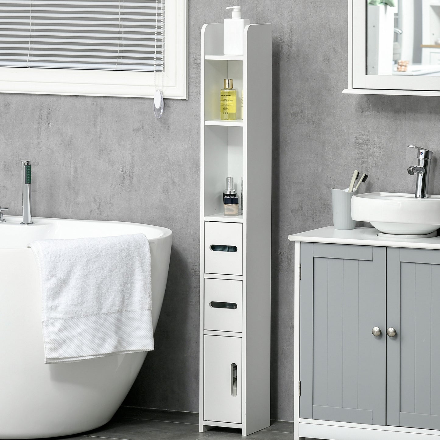 kleankin Modern Bathroom Storage Cabinet, Freestanding Tall Bathroom Cabinet with Open Shelves and 3 Cupboards with Door, for Bedroom Hallway in White-8