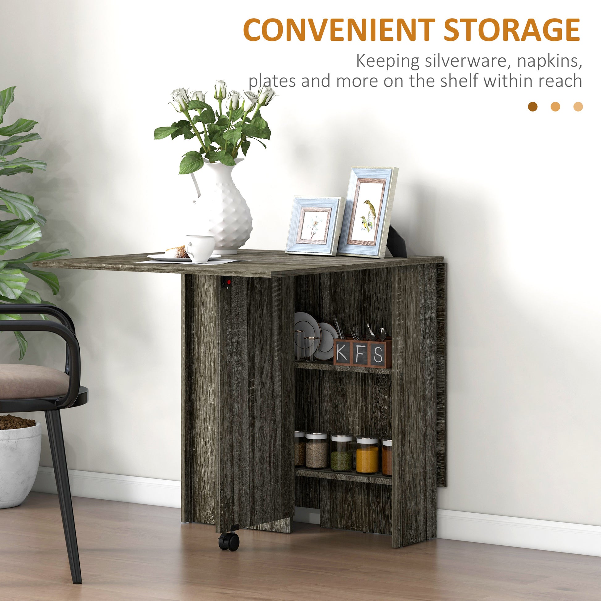 Grey Folding Kitchen Table with 2-tier Shelves, Rolling Casters, Drop Leaf Dining Table for Small Spaces | HOMCOM-3