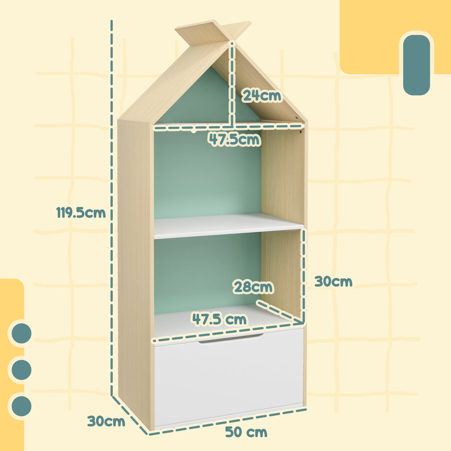 Kids Bookshelf with 3 Shelves, Drawer, Anti-tip Device, Anti-Slip Foot Cover, for Kids Room, Green | AIYAPLAY-1