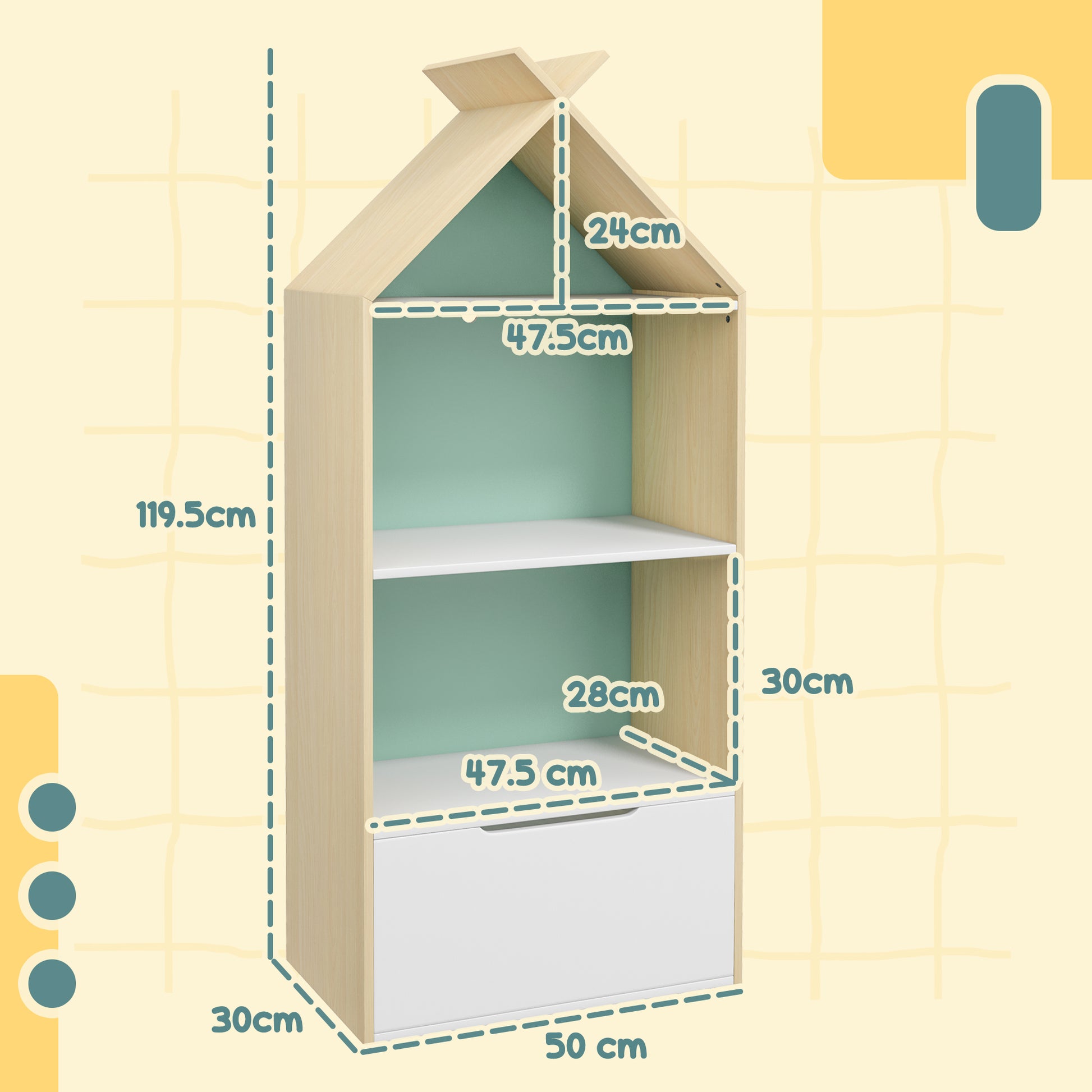 Kids Bookshelf with 3 Shelves, Drawer, Anti-tip Device, Anti-Slip Foot Cover, for Kids Room, Green | AIYAPLAY-1