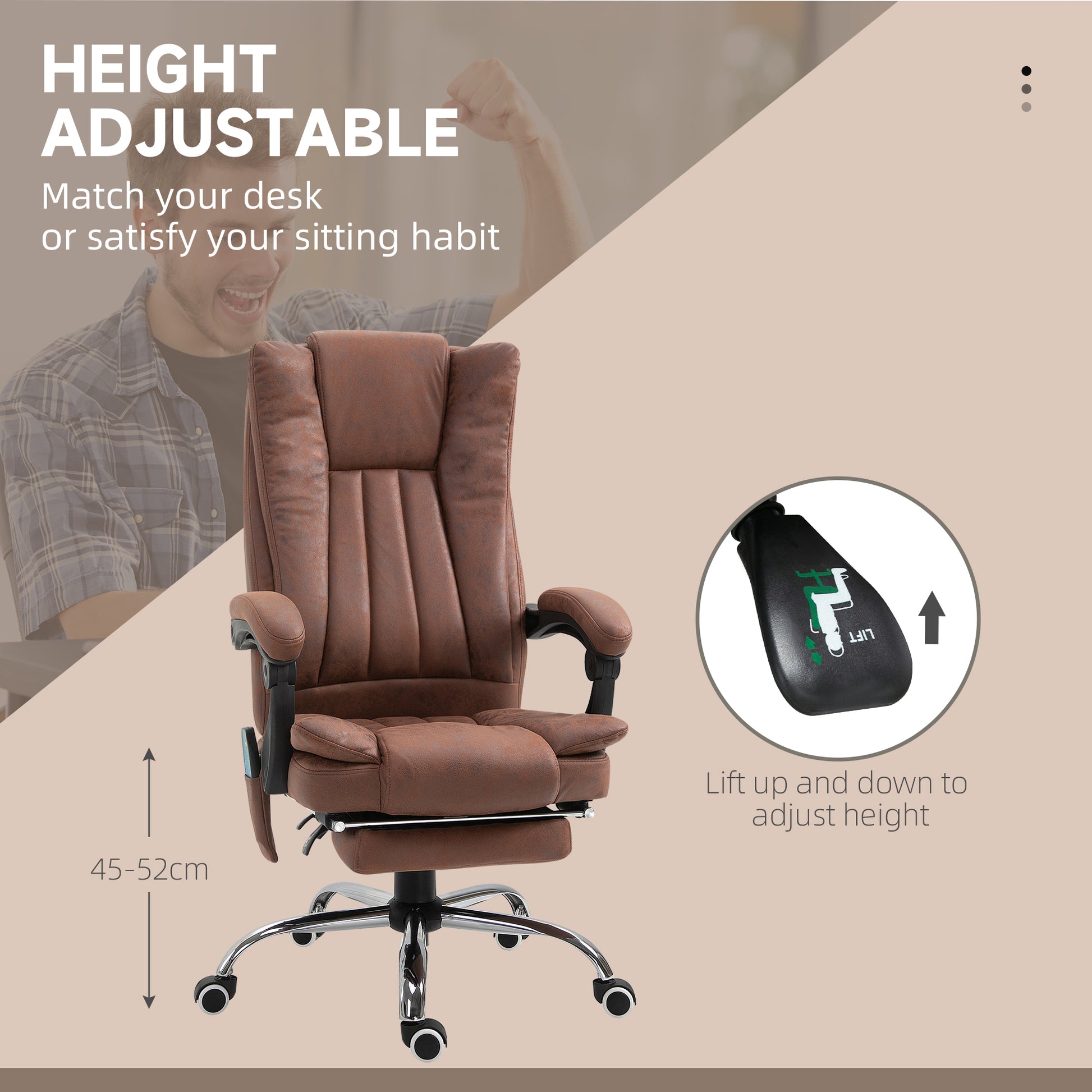 High Back Vibration Massage Office Chair, Executive Office Chair, Heated Reclining Leathaire Fabric Chair w/ Footrest, Brown | Vinsetto-2