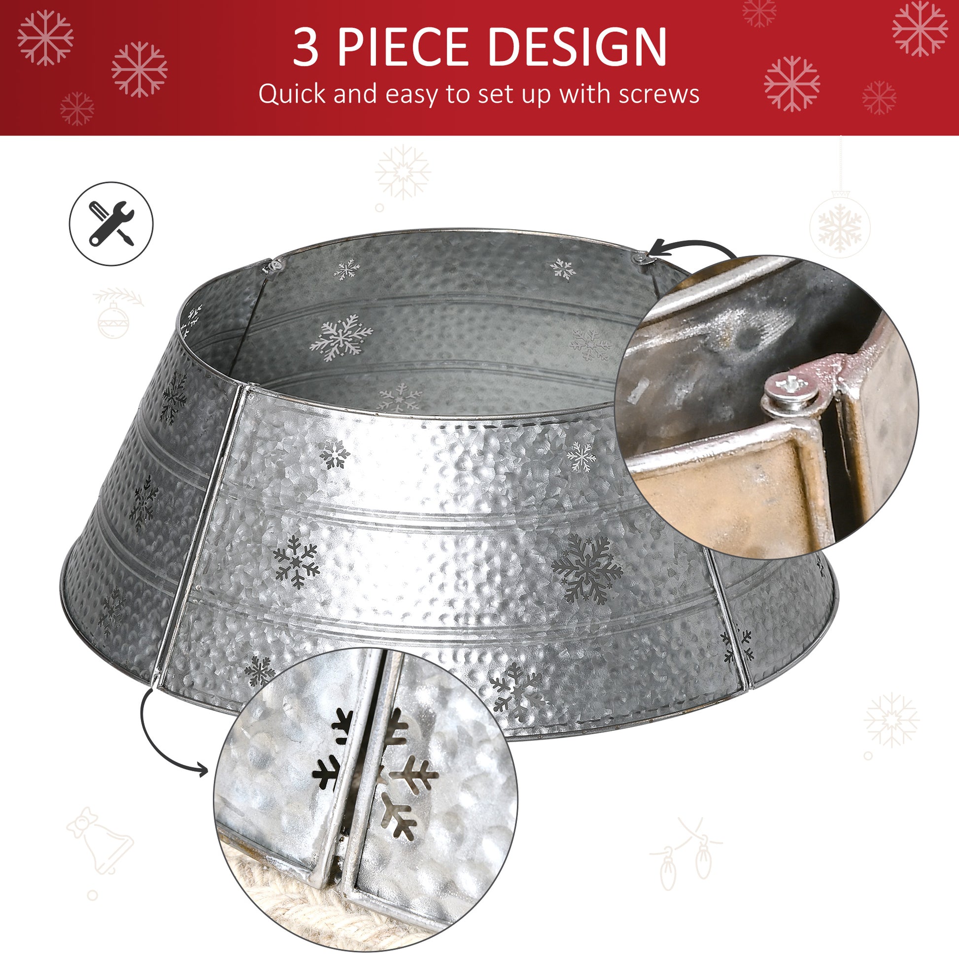 HOMCOM 66cm Christmas Tree Base Cover, Christmas Tree Collar with Hollow Snowflake Pattern for Holiday, Party, Silver-4