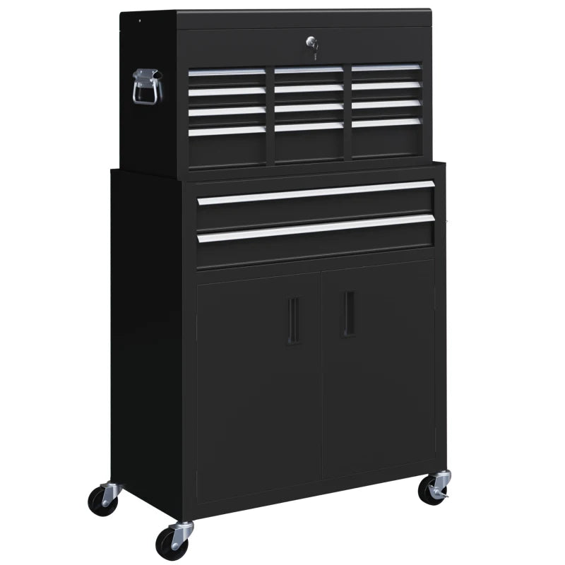 HOMCOM Portable Tool Box, Metal Tool Chest on Wheels with 6 Drawers for Garage and Workshop in Black-0