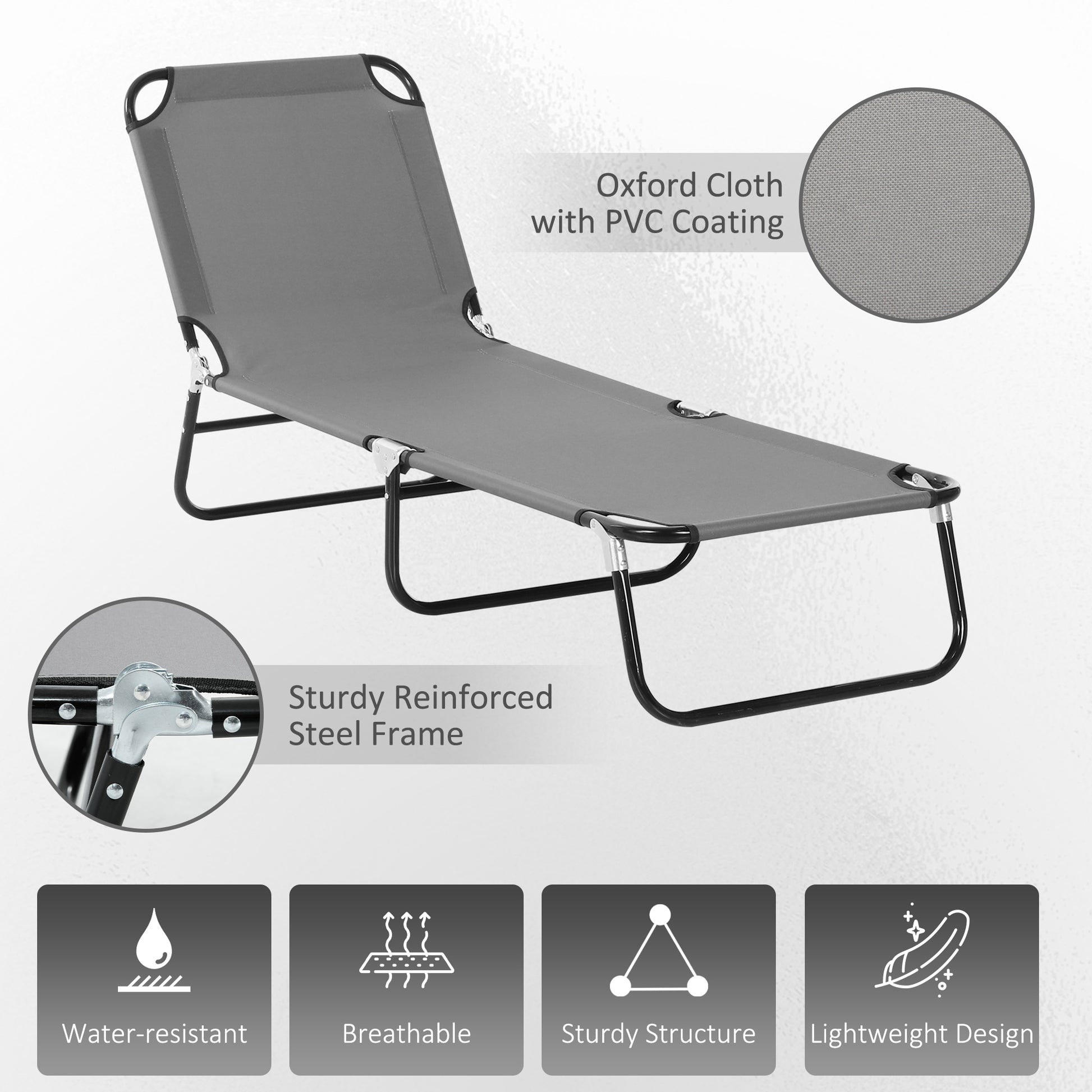 Patio Sun Lounger with 5-Position Adjustable Backrest, Weather-Resistant Oxford Fabric, Grey | Outsunny-3